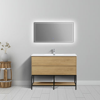 Meuble-Lavabo Mural 48po Noyer Couchant avec Comptoir de Polymarbre Blanc