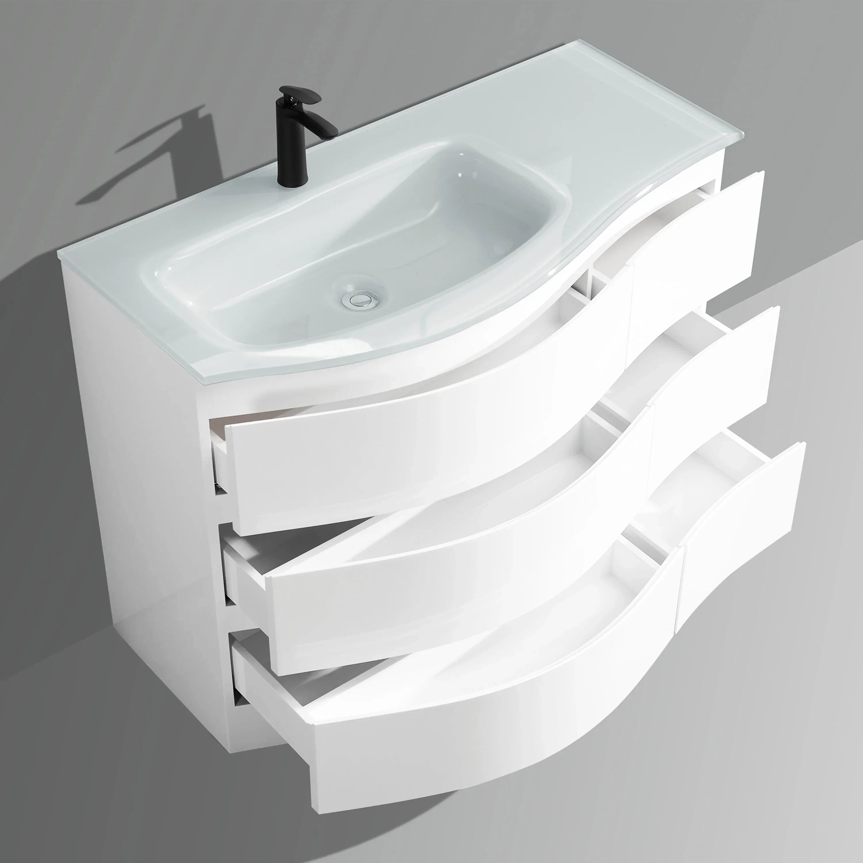 Meuble-Lavabo Autoportant 48po Blanc Mat avec Comptoir de Verre Blanc