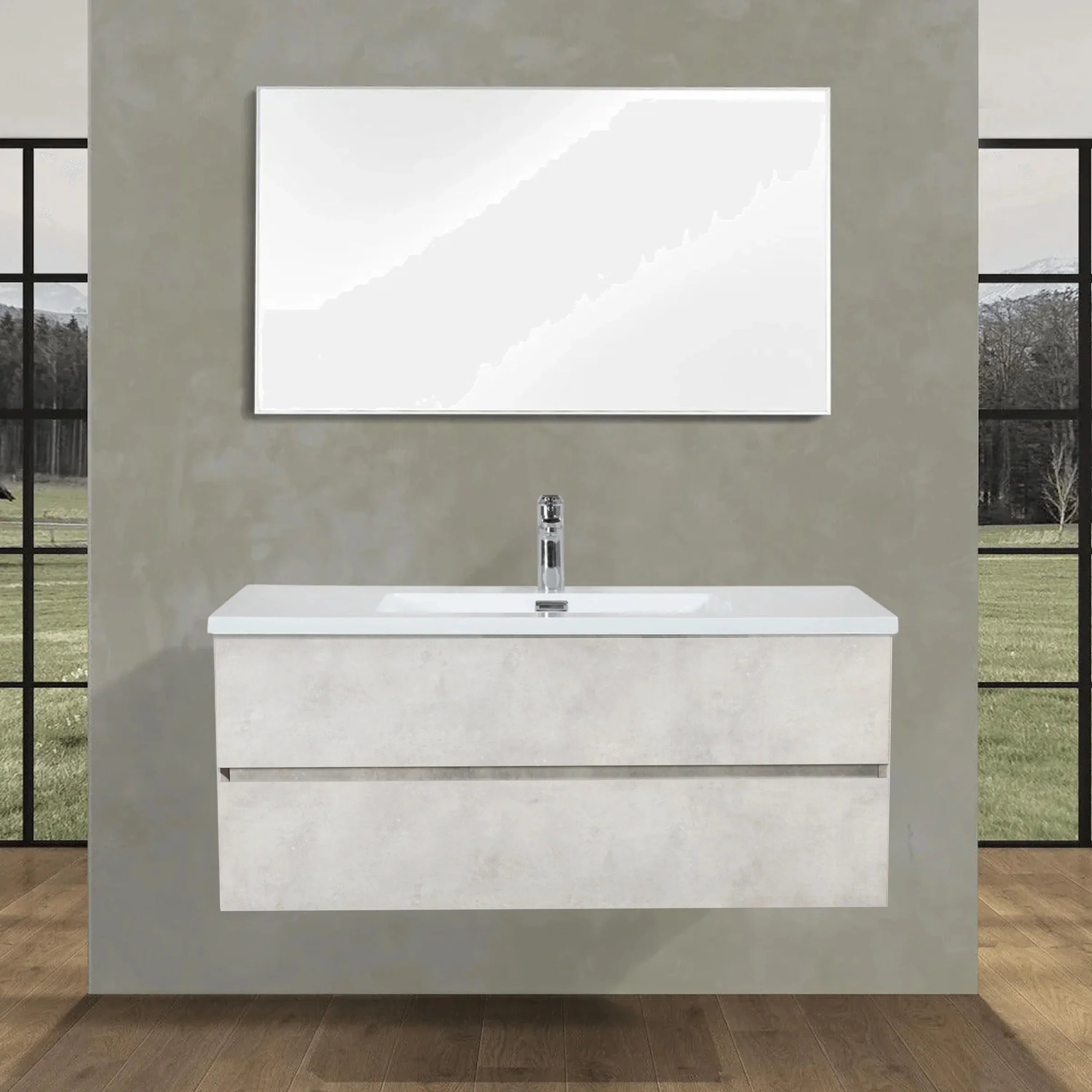 Meuble-Lavabo Mural 48po Gris avec Comptoir de Polymarbre Blanc