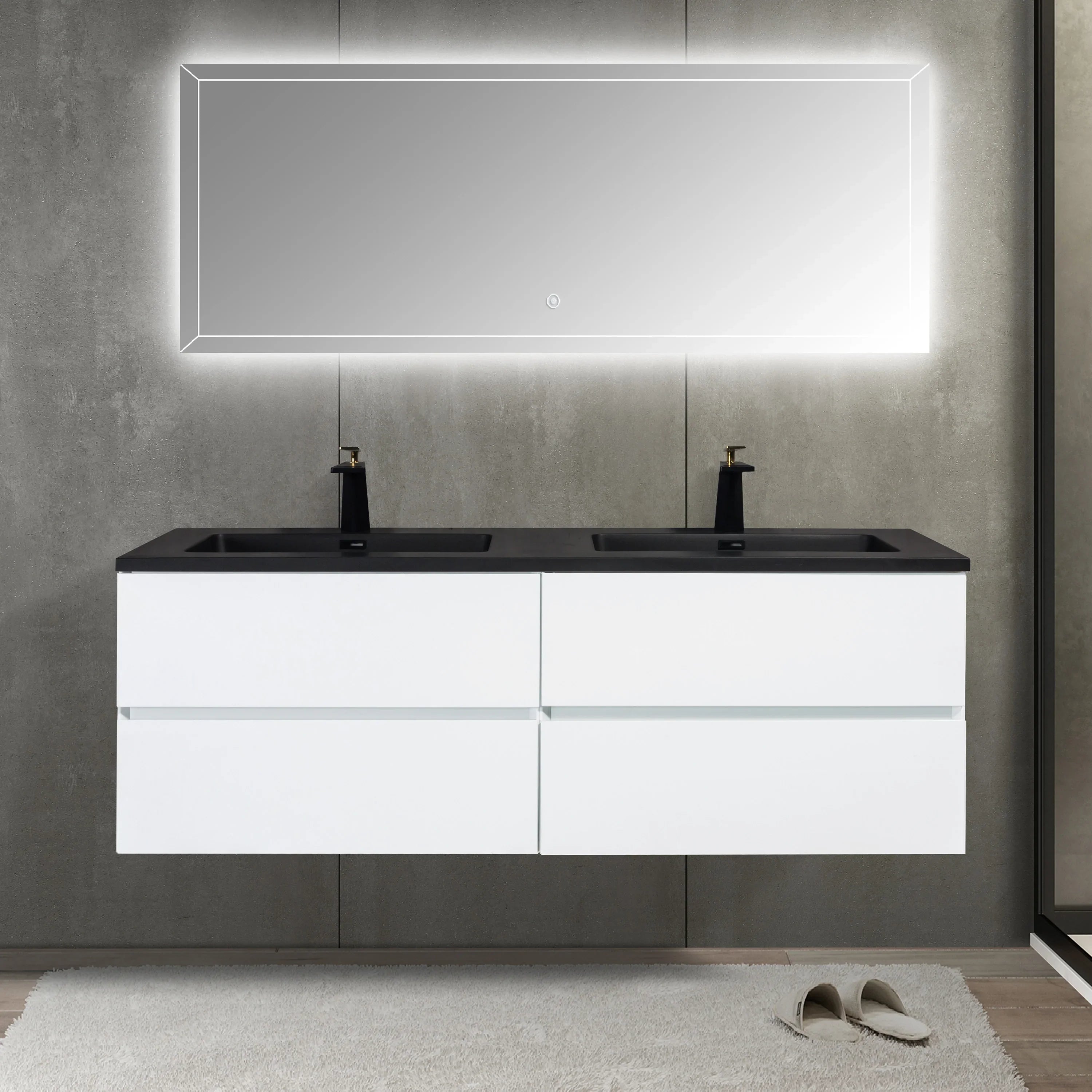 60" White Wall Mount Double Sink Bathroom Vanity with Black Engineered Quartz Countertop
