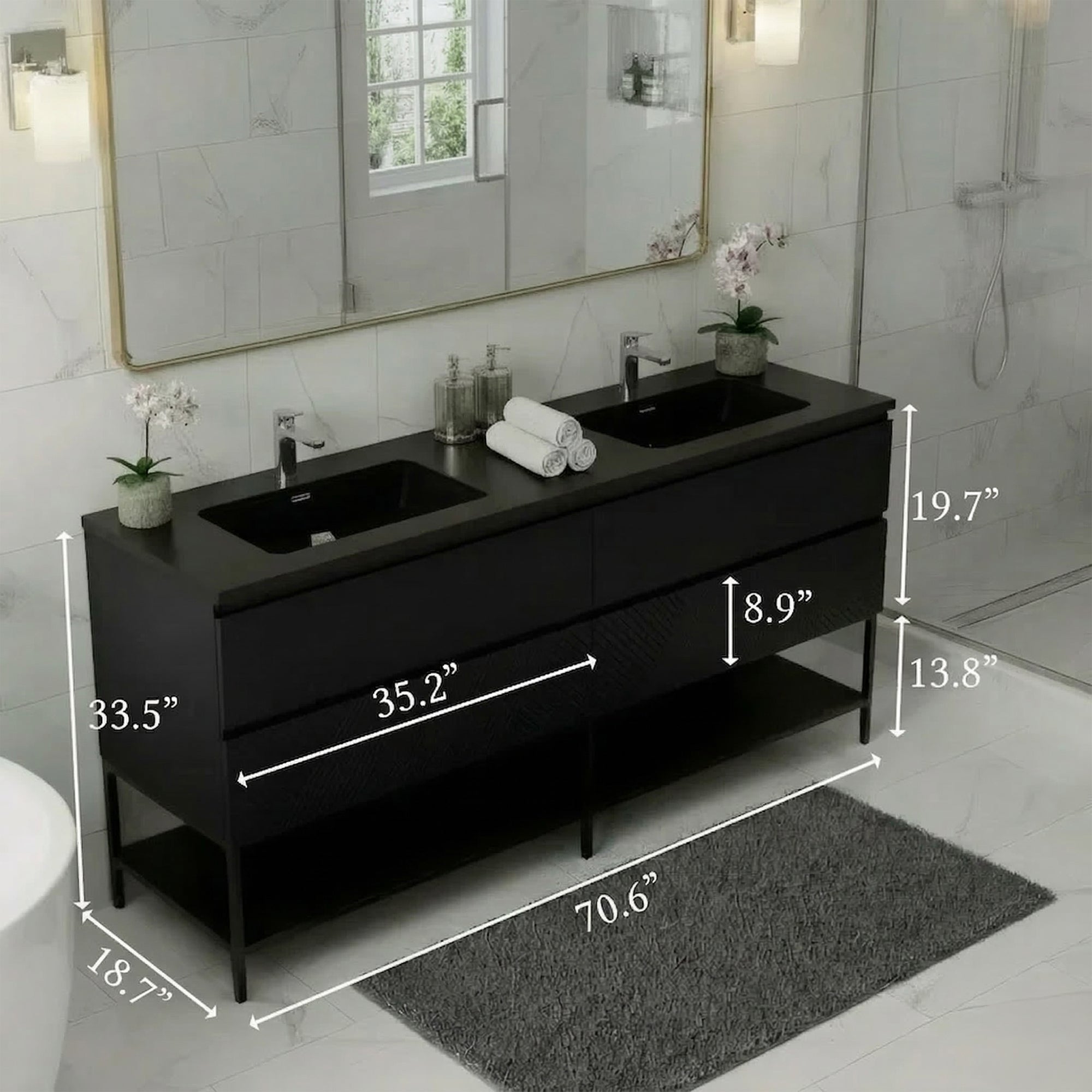 Meuble-Lavabo Double Mural 72po Noir avec Comptoir de Quartz d'ingénierie Noir