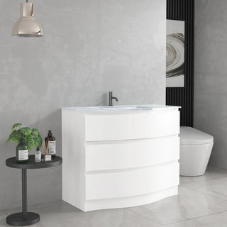 Meuble-Lavabo Autoportant 40po Blanc Mat avec Comptoir de Verre Blanc
