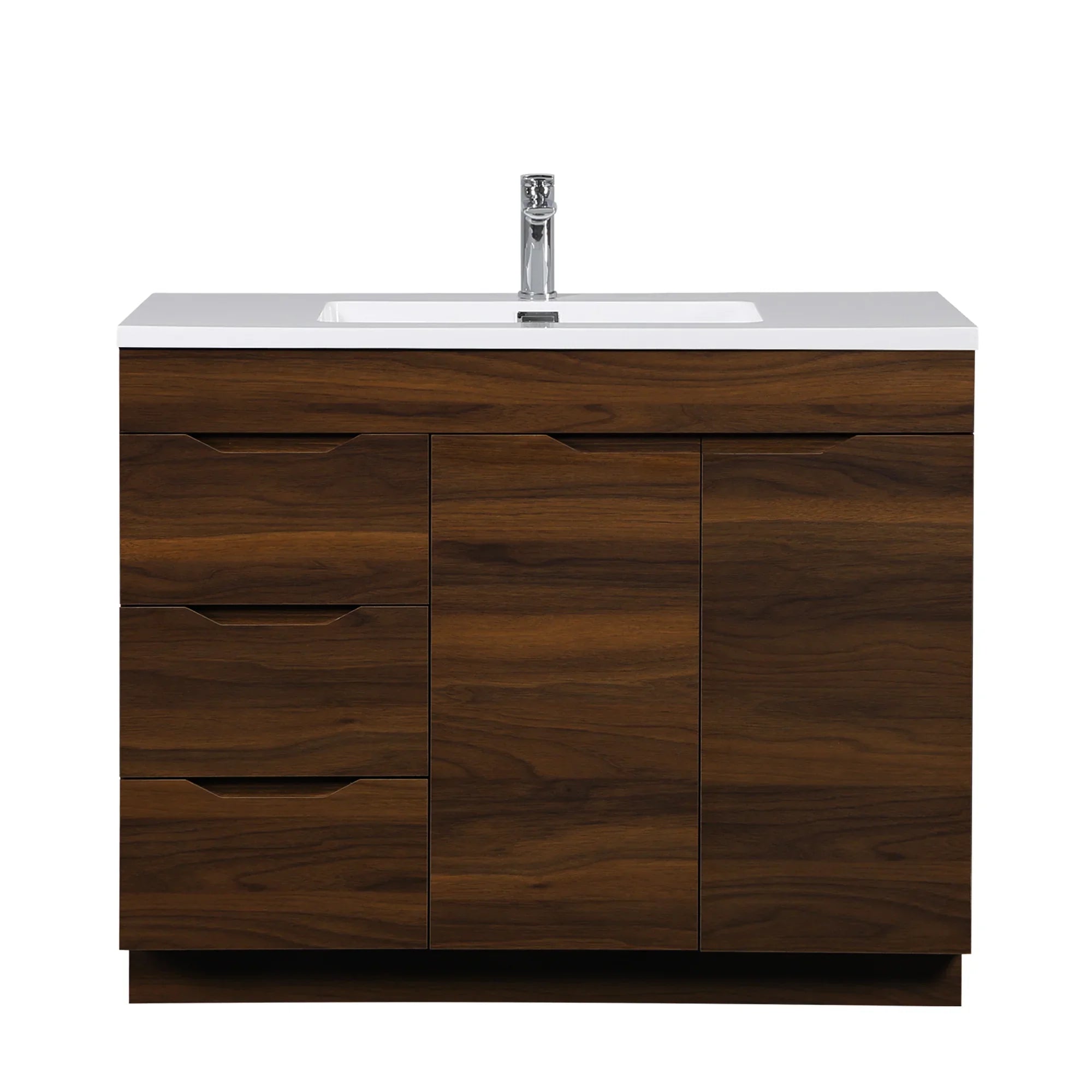 40" Walnut Freestanding Bathroom Vanity with White Polymarble Countertop
