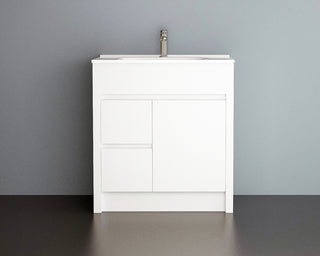 30" Matte White Freestanding Single Sink Bathroom Vanity with White Ceramic Countertop