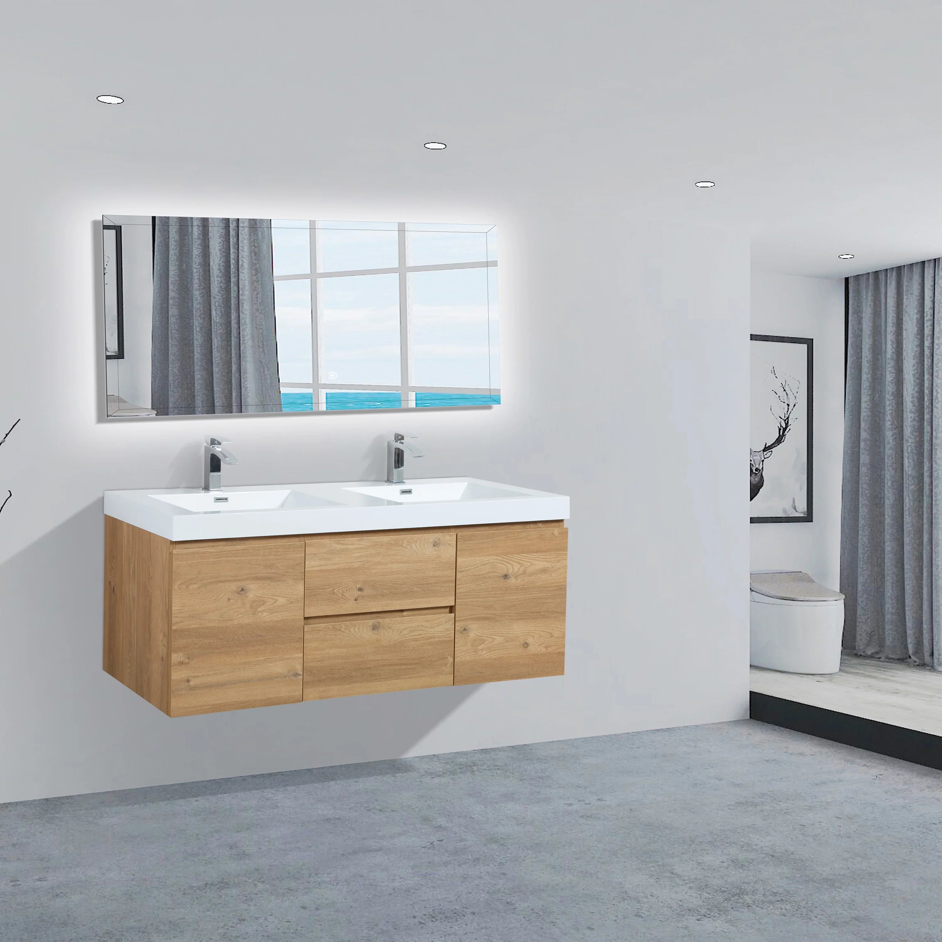 60" Rough Oak Wall Mount Double Sink Bathroom Vanity with White Polymarble Countertop