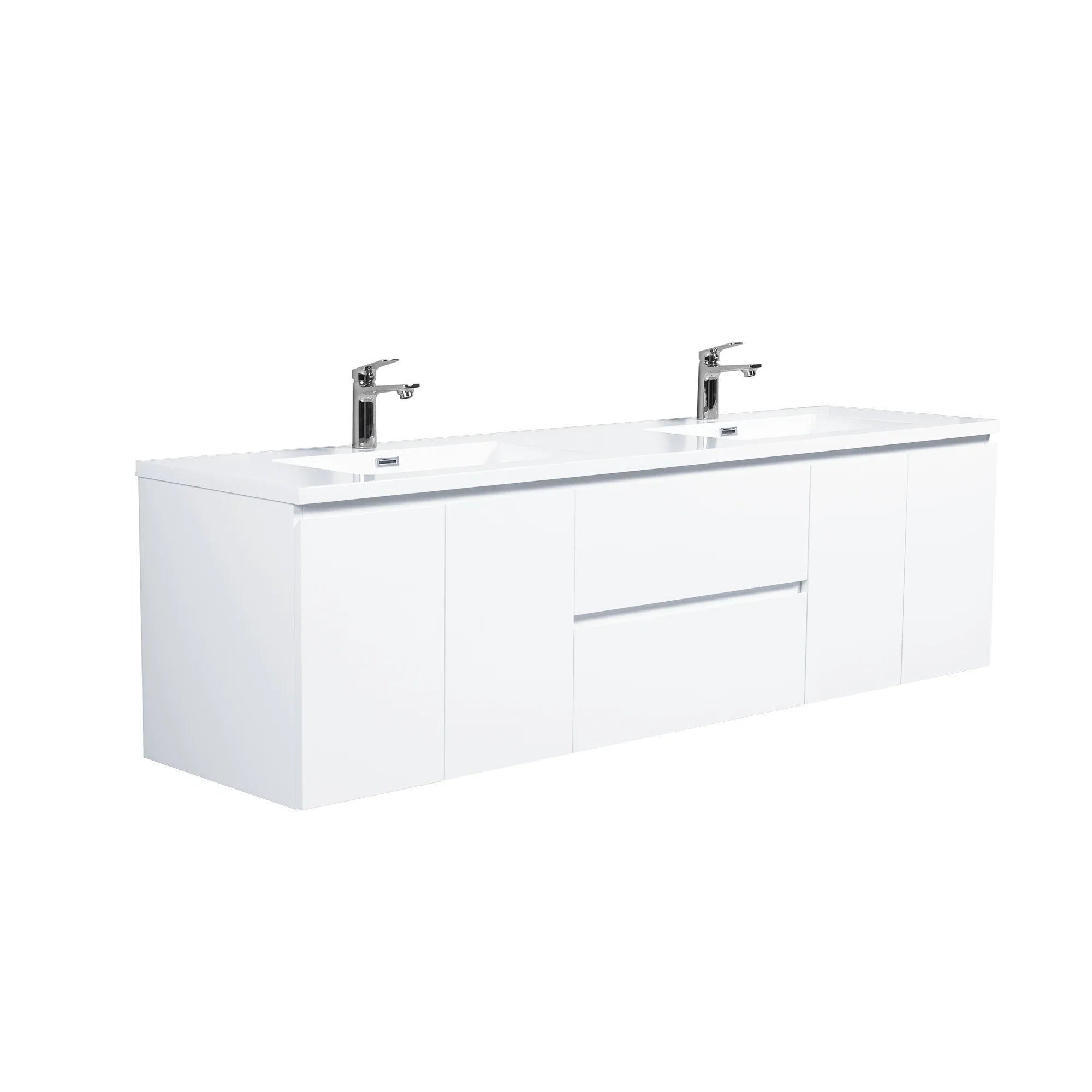 72" White Wall Mount Double Sink Bathroom Vanity with White Polymarble Countertop