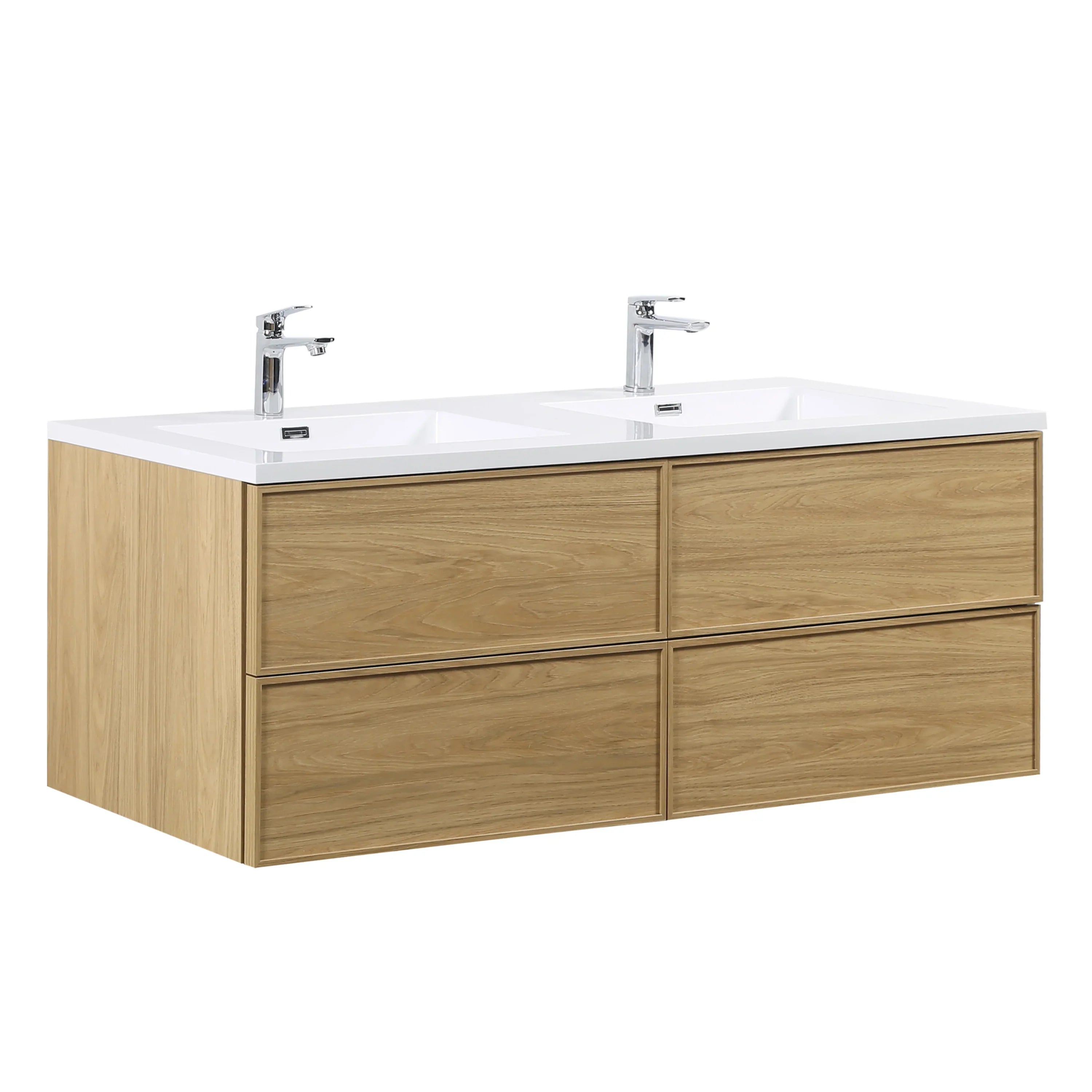 Meuble Lavabo Mural 60 pouces Noyer Couchant Double Vasque avec Comptoir Polymarbre Blanc
