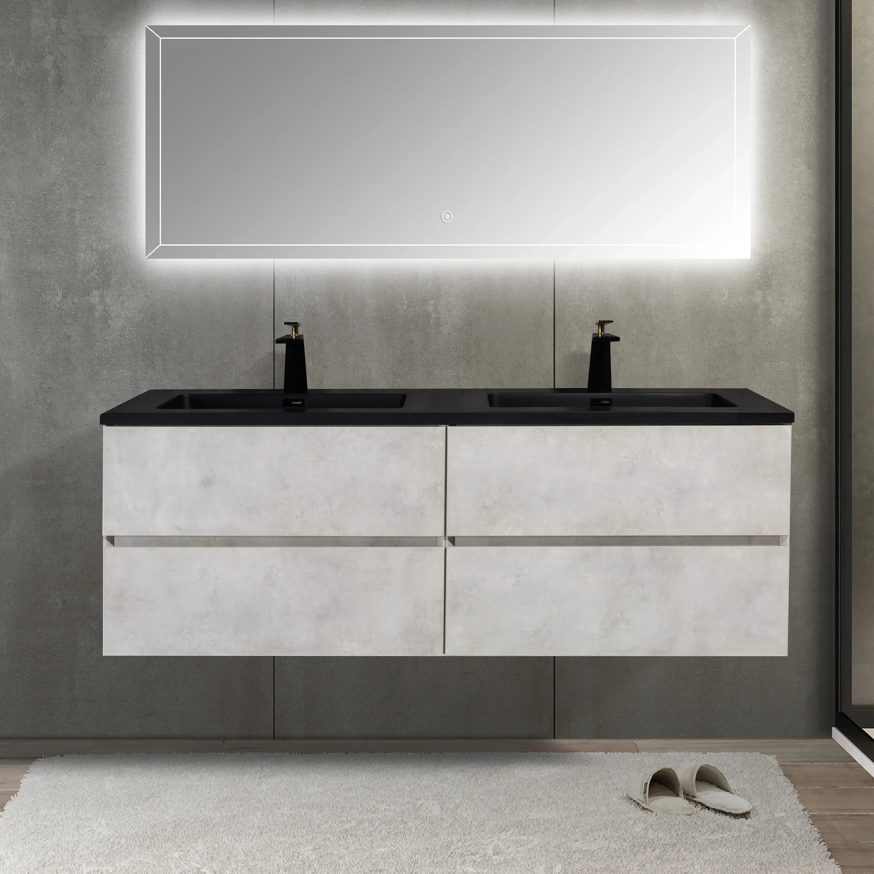 60" Grey Wall Mount Double Sink Bathroom Vanity with Black Engineered Quartz Countertop