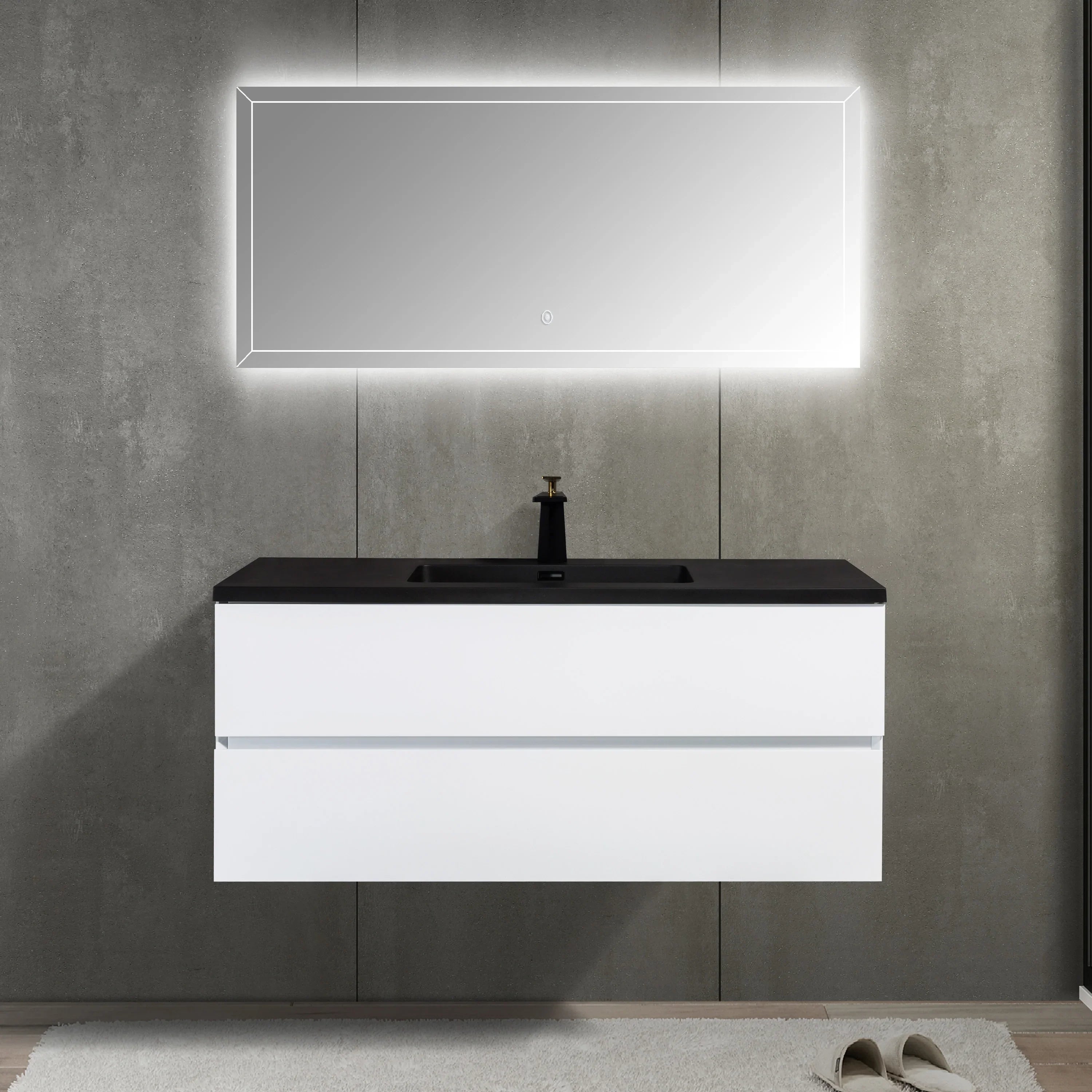 48" White Wall Mount Single Sink Bathroom Vanity with Black Engineered Quartz Countertop
