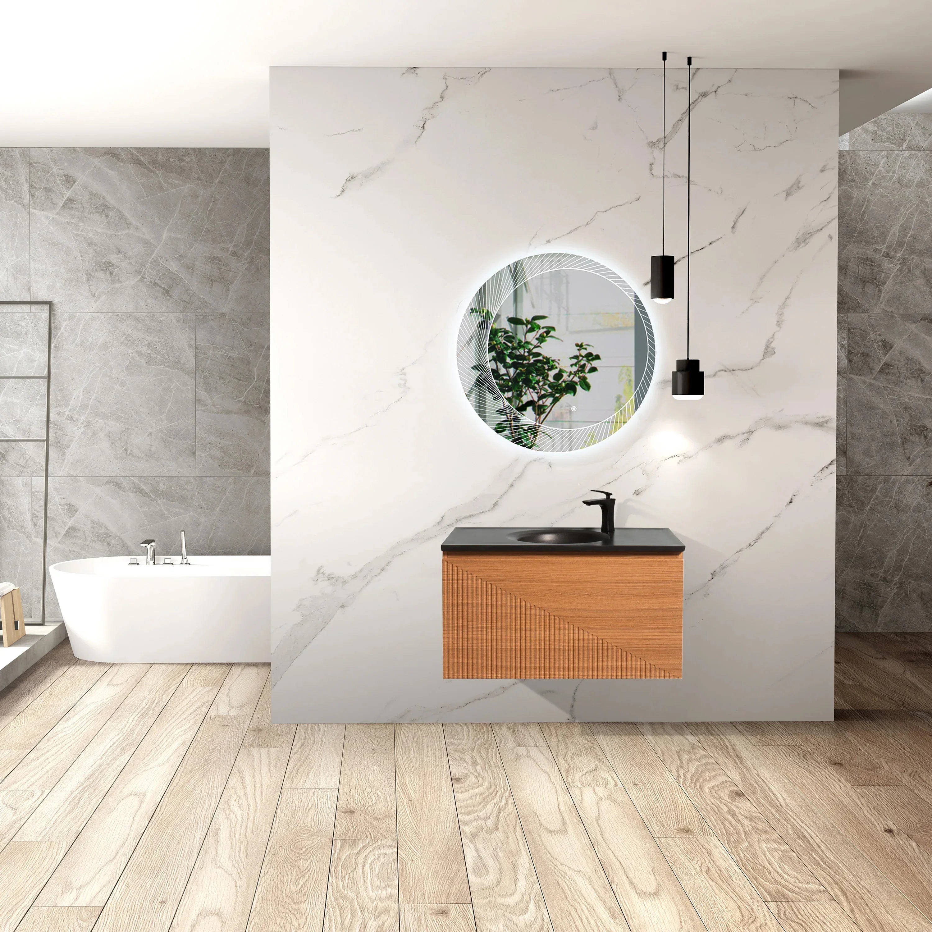 36" Light Oak Wall Mount Bathroom Vanity with Black Engineered Quartz Countertop