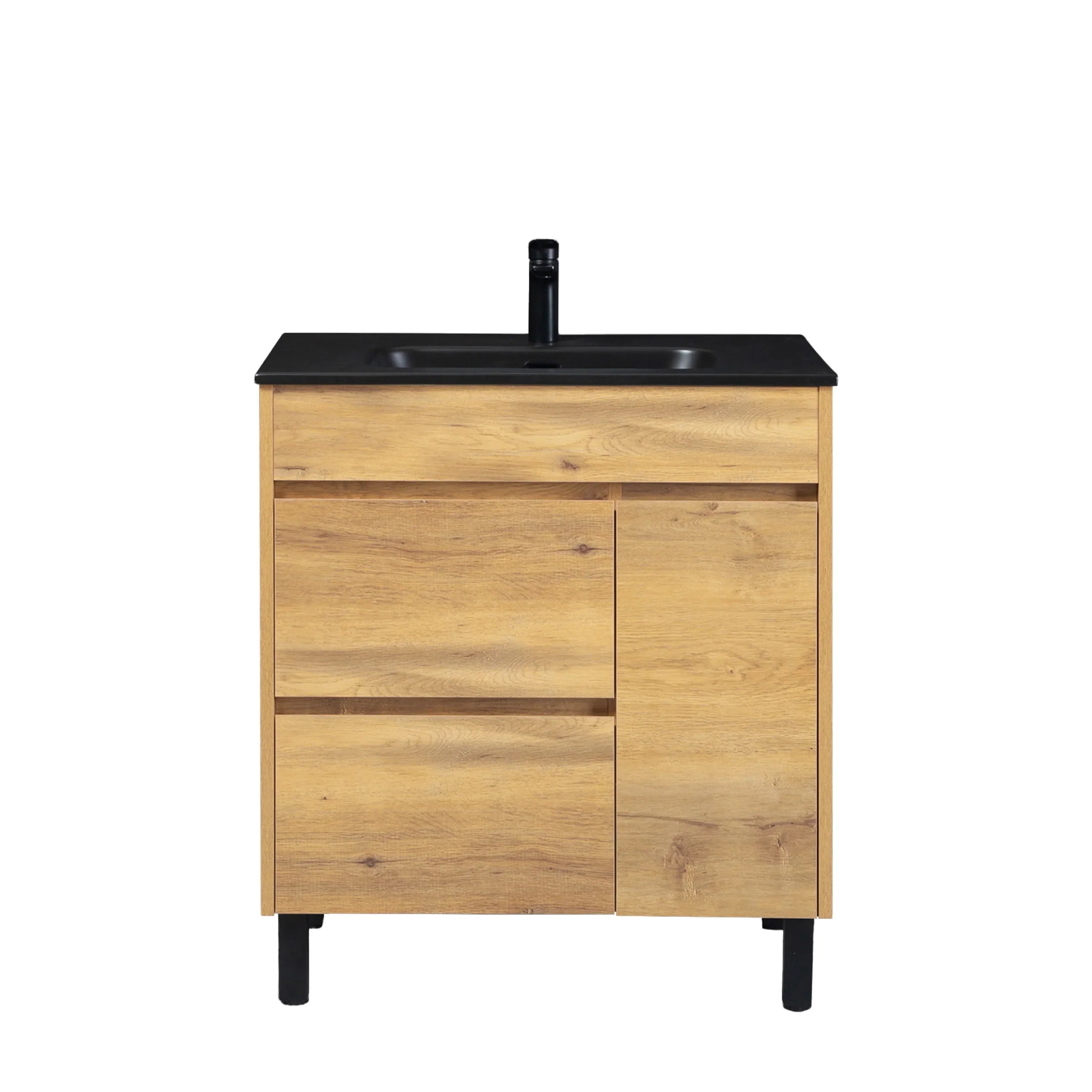 30" Frosted Oak Freestanding Single Sink Bathroom Vanity with Black Ceramic Countertop