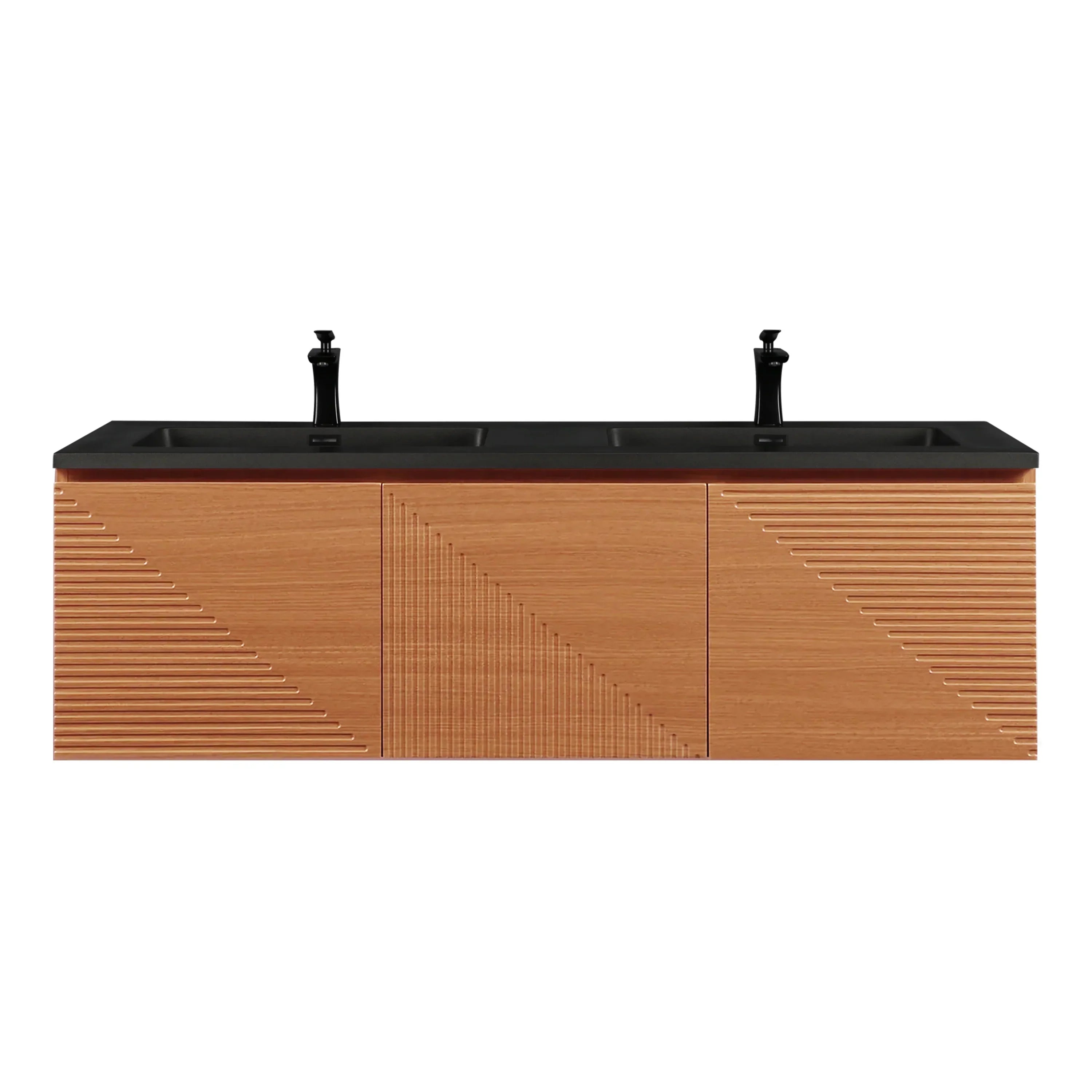 60" Light Oak Wall-Mounted Double Sink Bathroom Vanity with Black Engineered Quartz Countertop