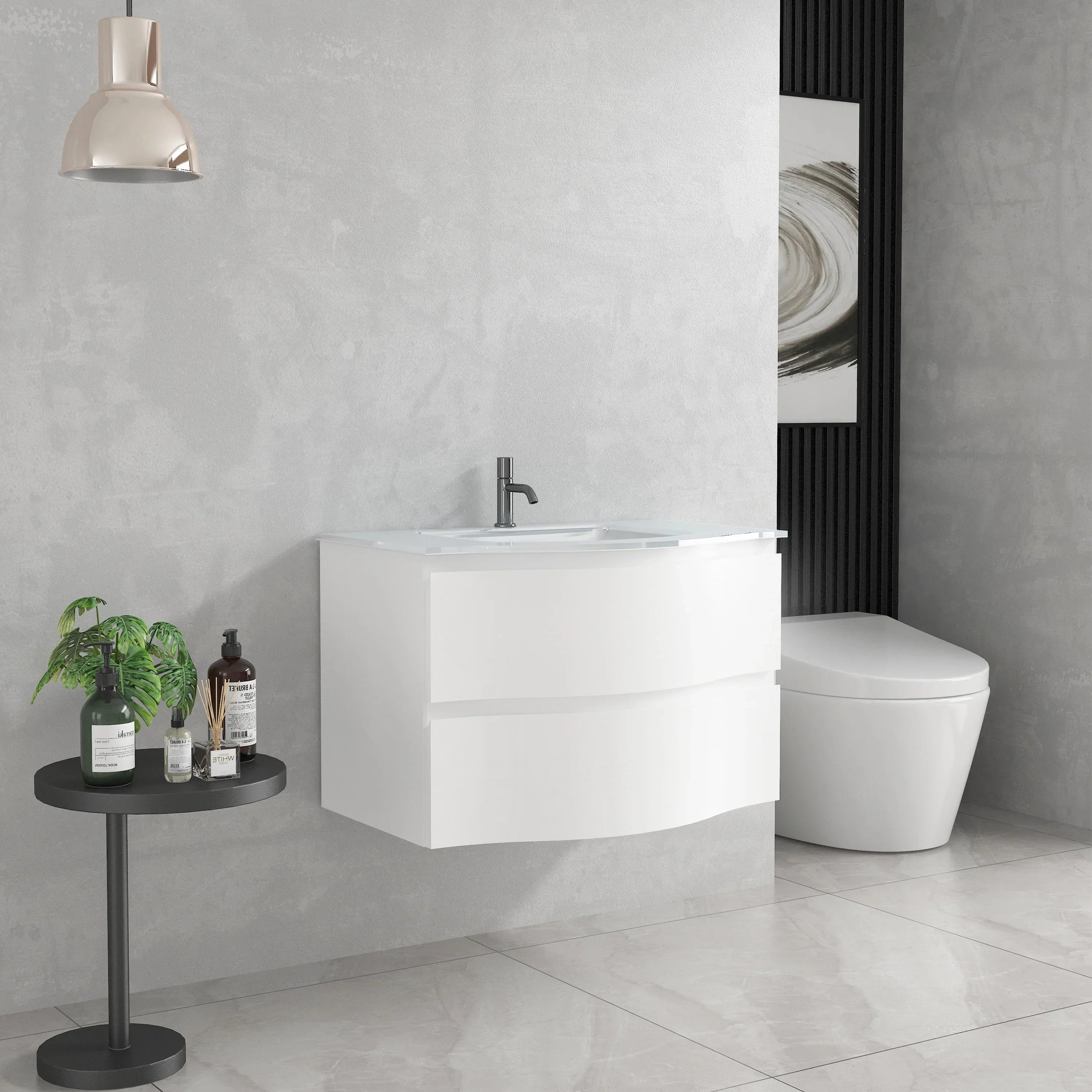 Meuble-Lavabo Mural 30po Blanc Mat avec Comptoir de Verre Blanc