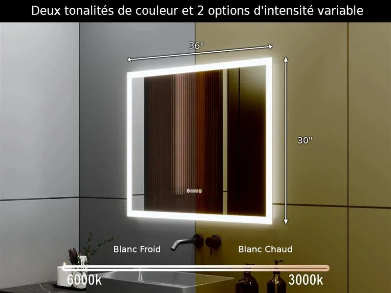 Miroir DEL Intelligent 36po x 30po avec Affichage Numérique Heure et Température
