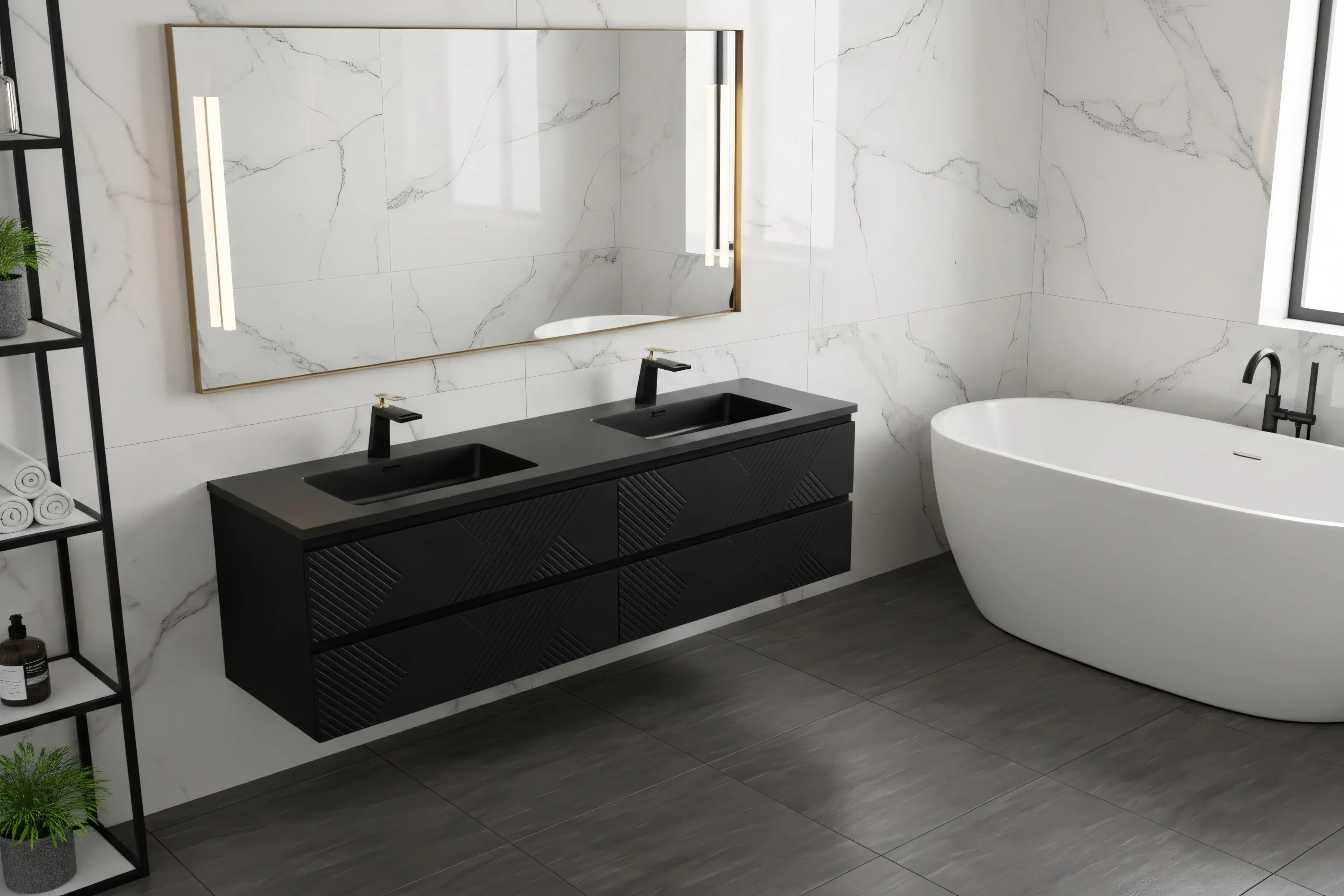 Meuble-Lavabo Double Mural 72po Noir avec Comptoir de Quartz d'ingénierie Noir