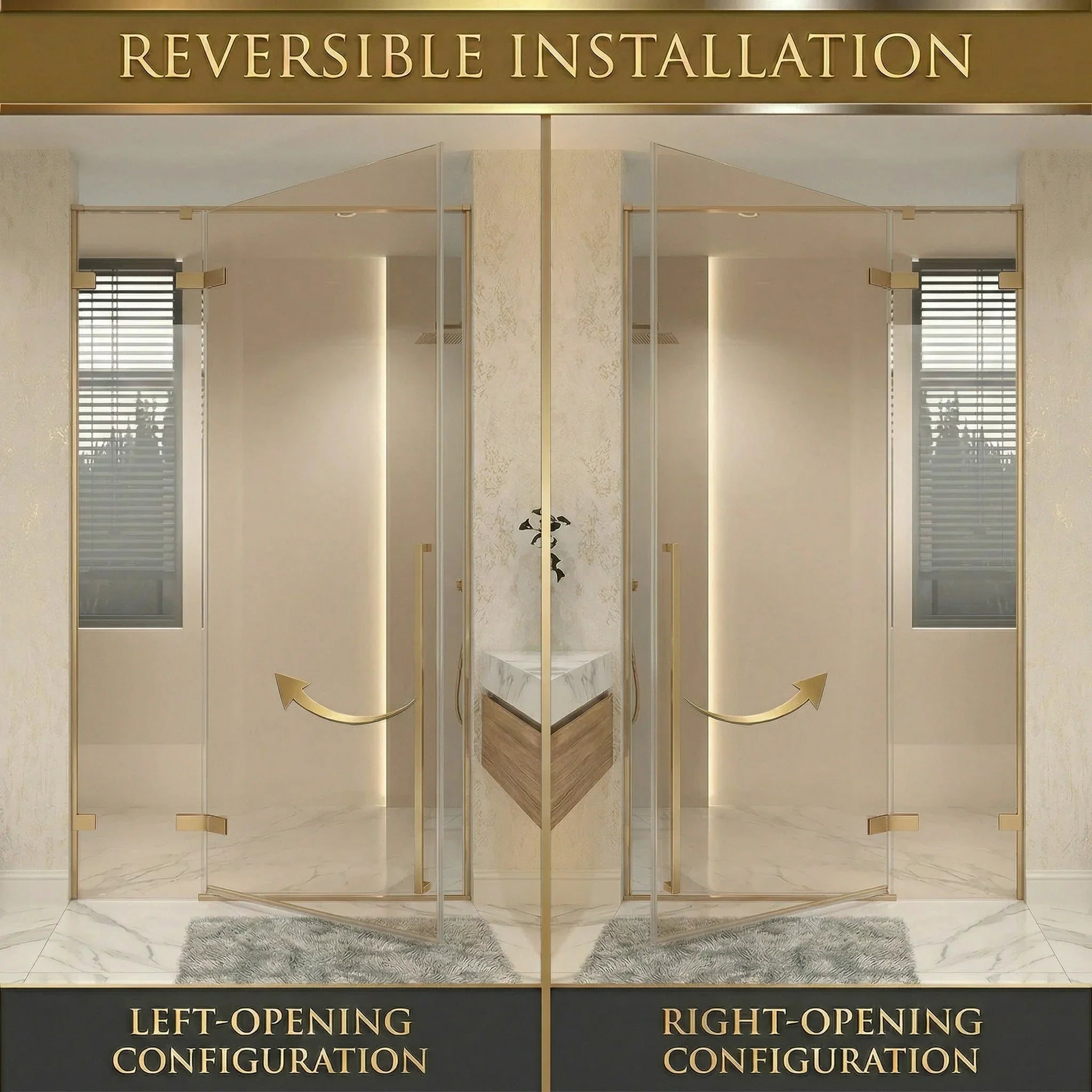 57.6"–58" x 79" Brushed Gold Reversible Pivot Shower Door with Brown Tinted Glass