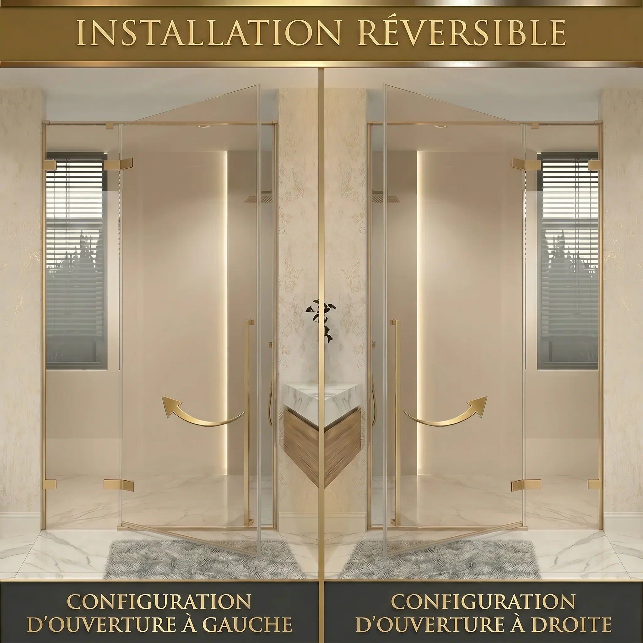 57.6"–58" x 79" Brushed Gold Reversible Pivot Shower Door with Brown Tinted Glass