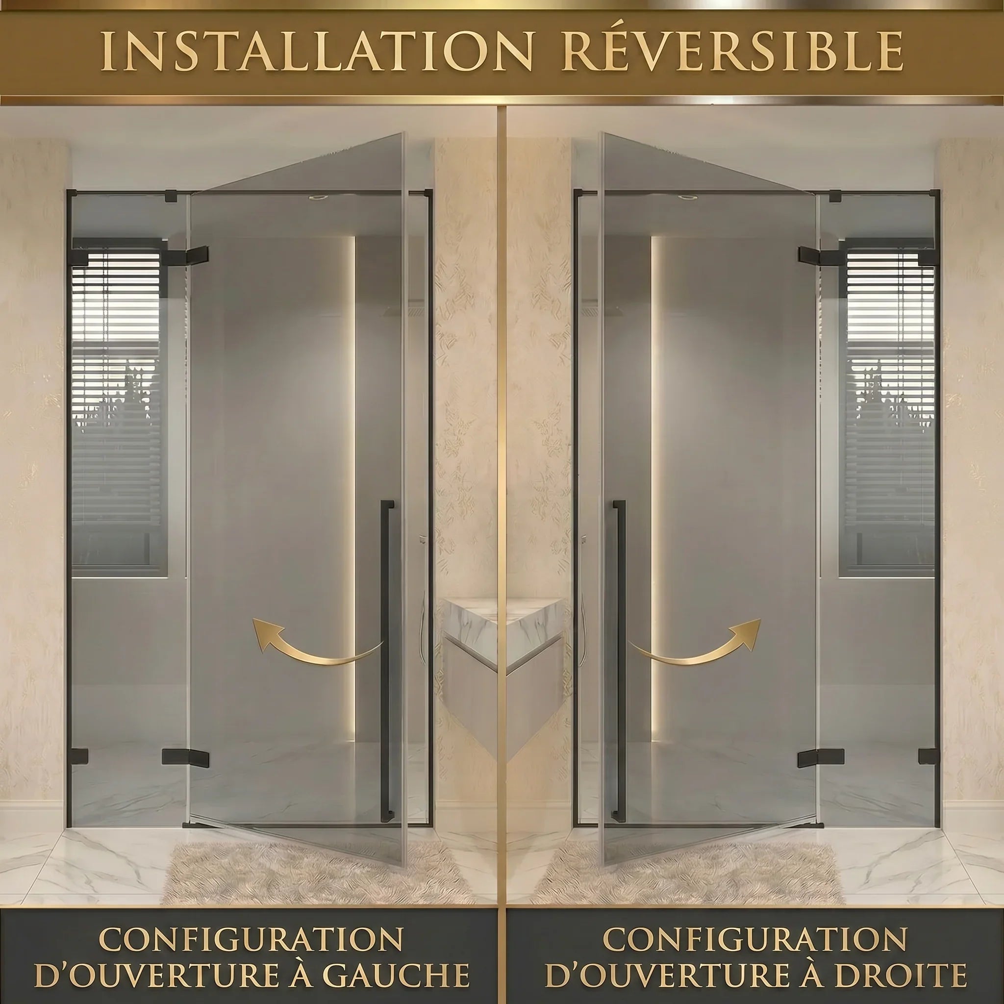 Porte de douche pivotante réversible 48po x 79po noir mat avec verre teinté noir