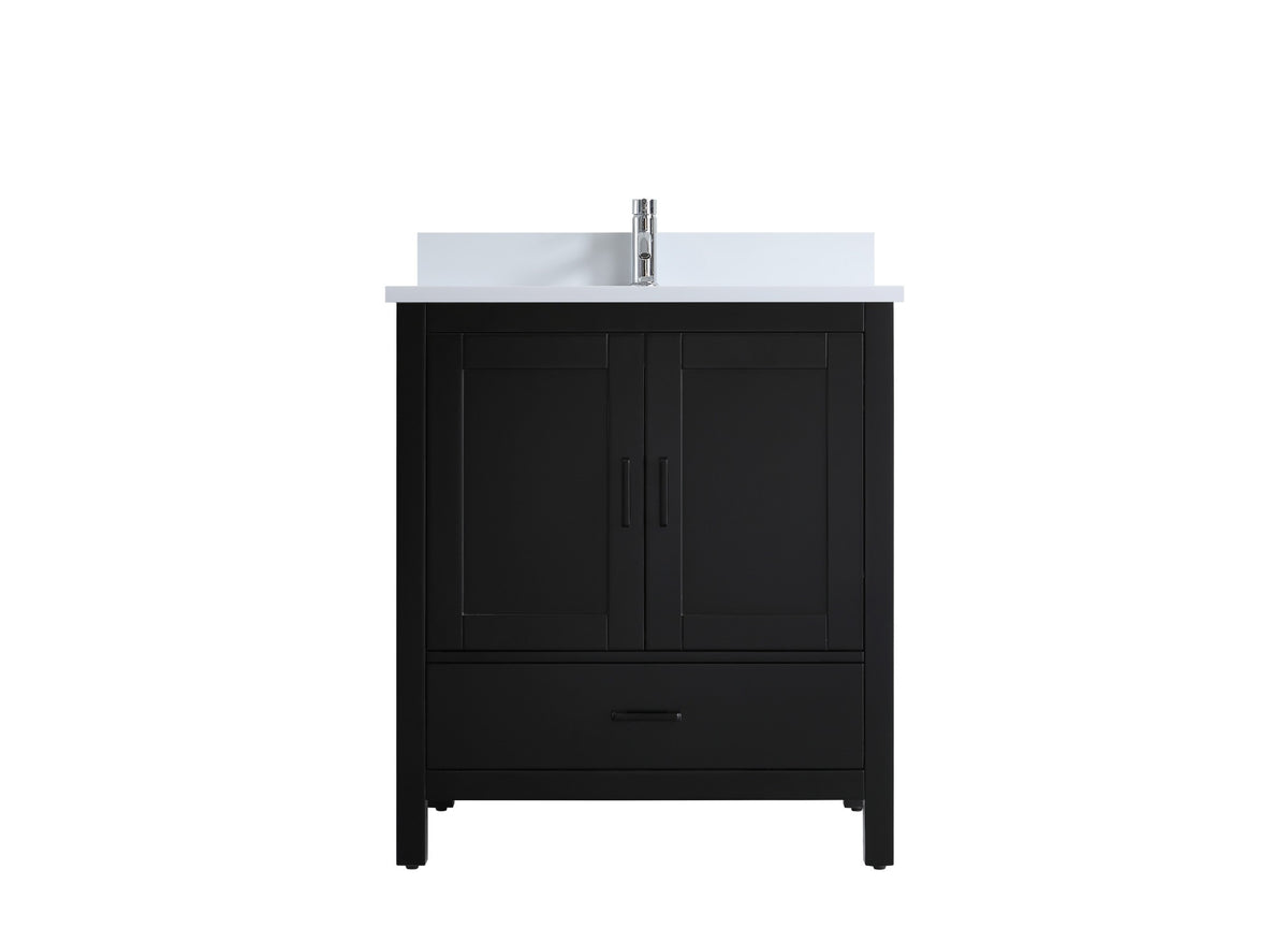 30" Black Freestanding Single Sink Bathroom Vanity with Engineered White Marble Countertop