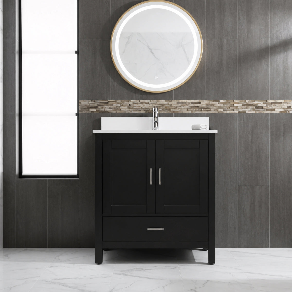 30" Black Freestanding Single Sink Bathroom Vanity with Engineered White Marble Countertop