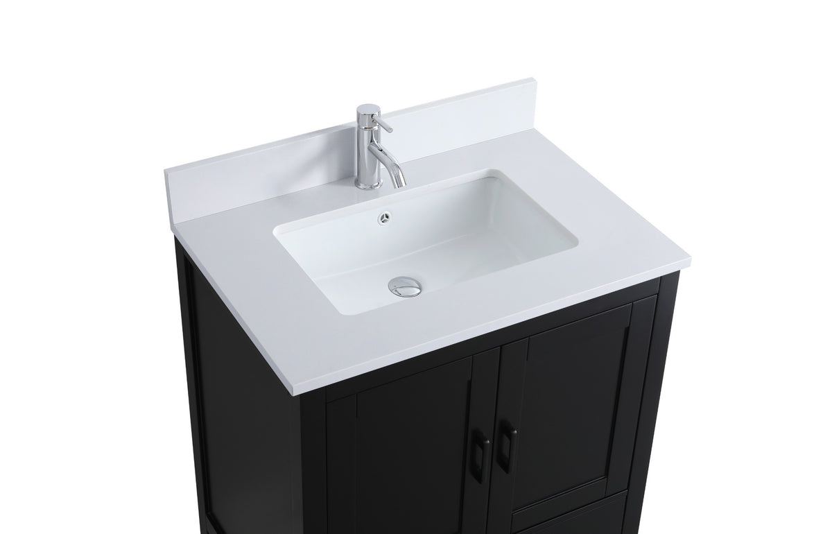 30" Black Freestanding Single Sink Bathroom Vanity with Engineered White Marble Countertop