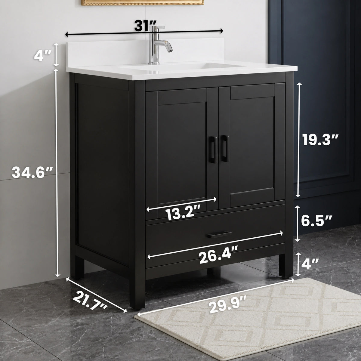 30" Black Freestanding Single Sink Bathroom Vanity with Engineered White Marble Countertop