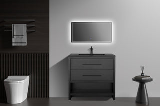 30" Black Oak Freestanding Single Sink Bathroom Vanity with Black Engineered Quartz Countertop