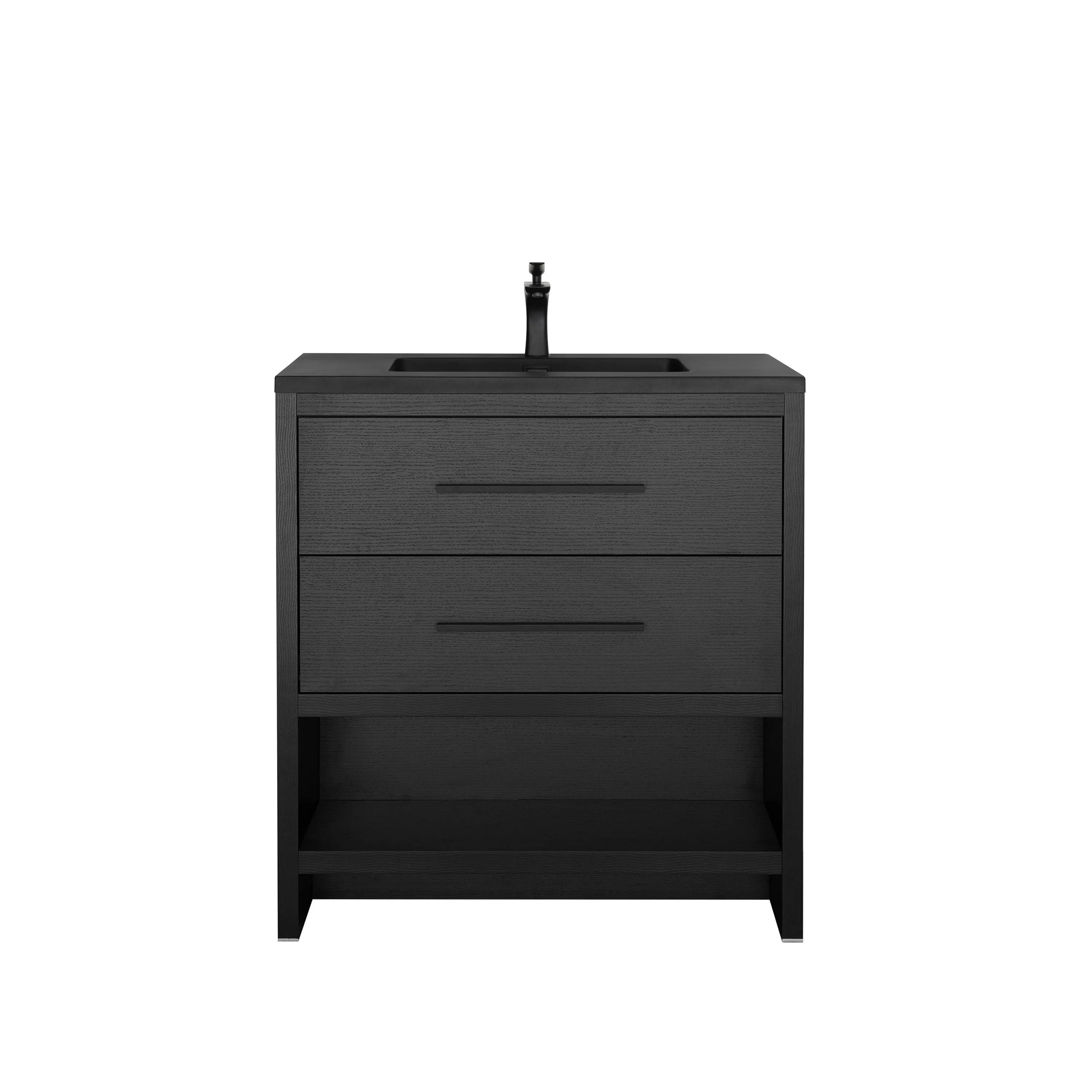 30" Black Oak Freestanding Single Sink Bathroom Vanity with Black Engineered Quartz Countertop