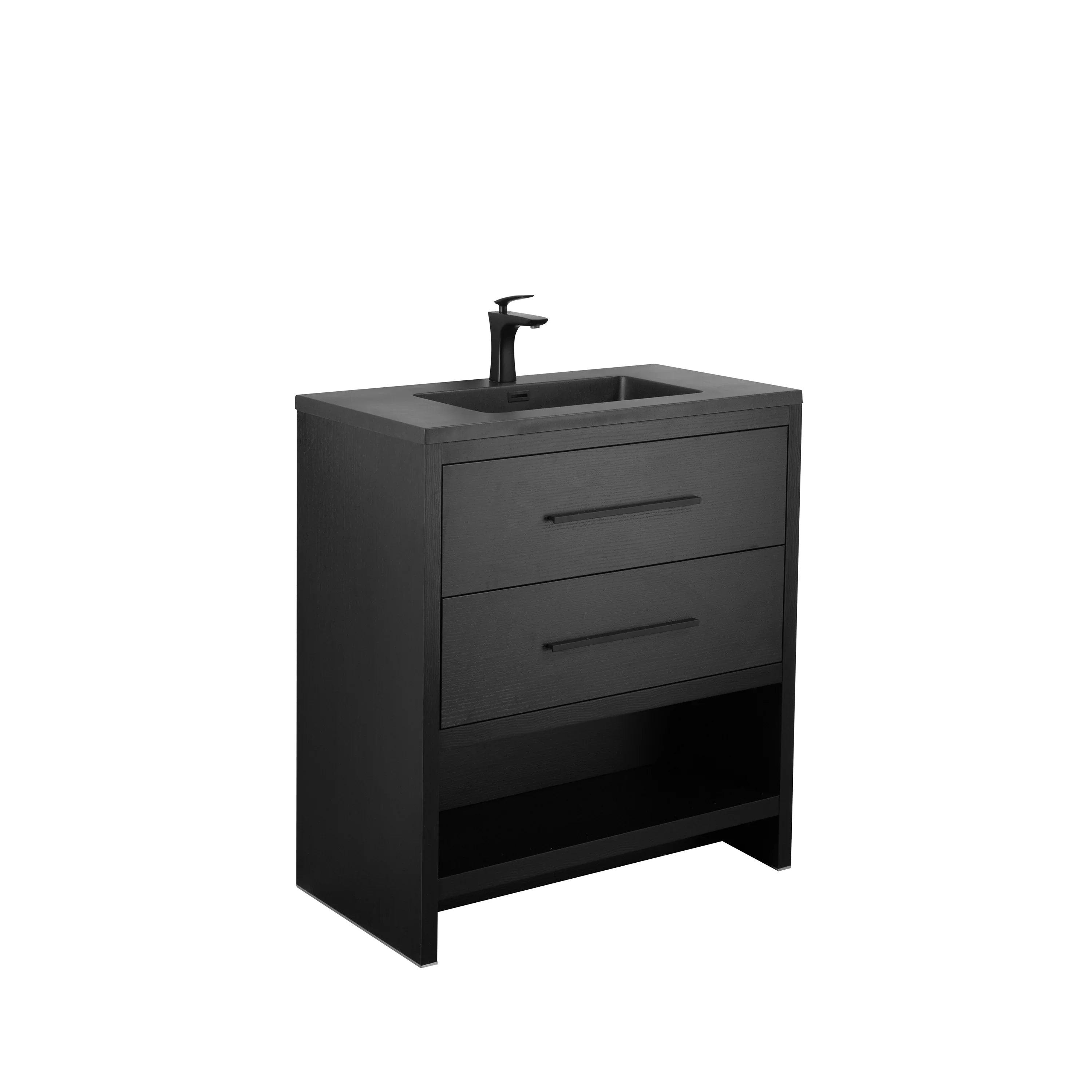 30" Black Oak Freestanding Single Sink Bathroom Vanity with Black Engineered Quartz Countertop