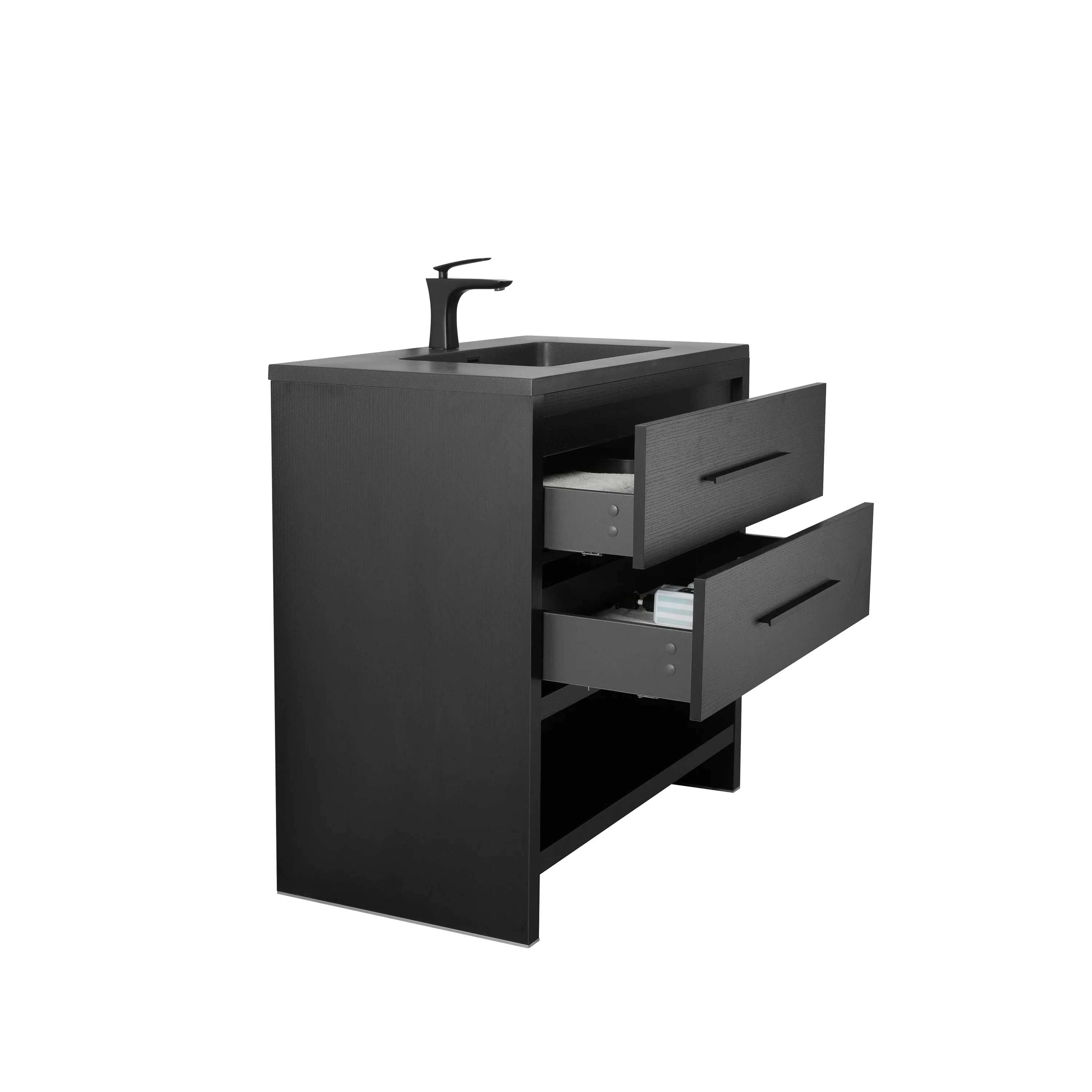 30" Black Oak Freestanding Single Sink Bathroom Vanity with Black Engineered Quartz Countertop