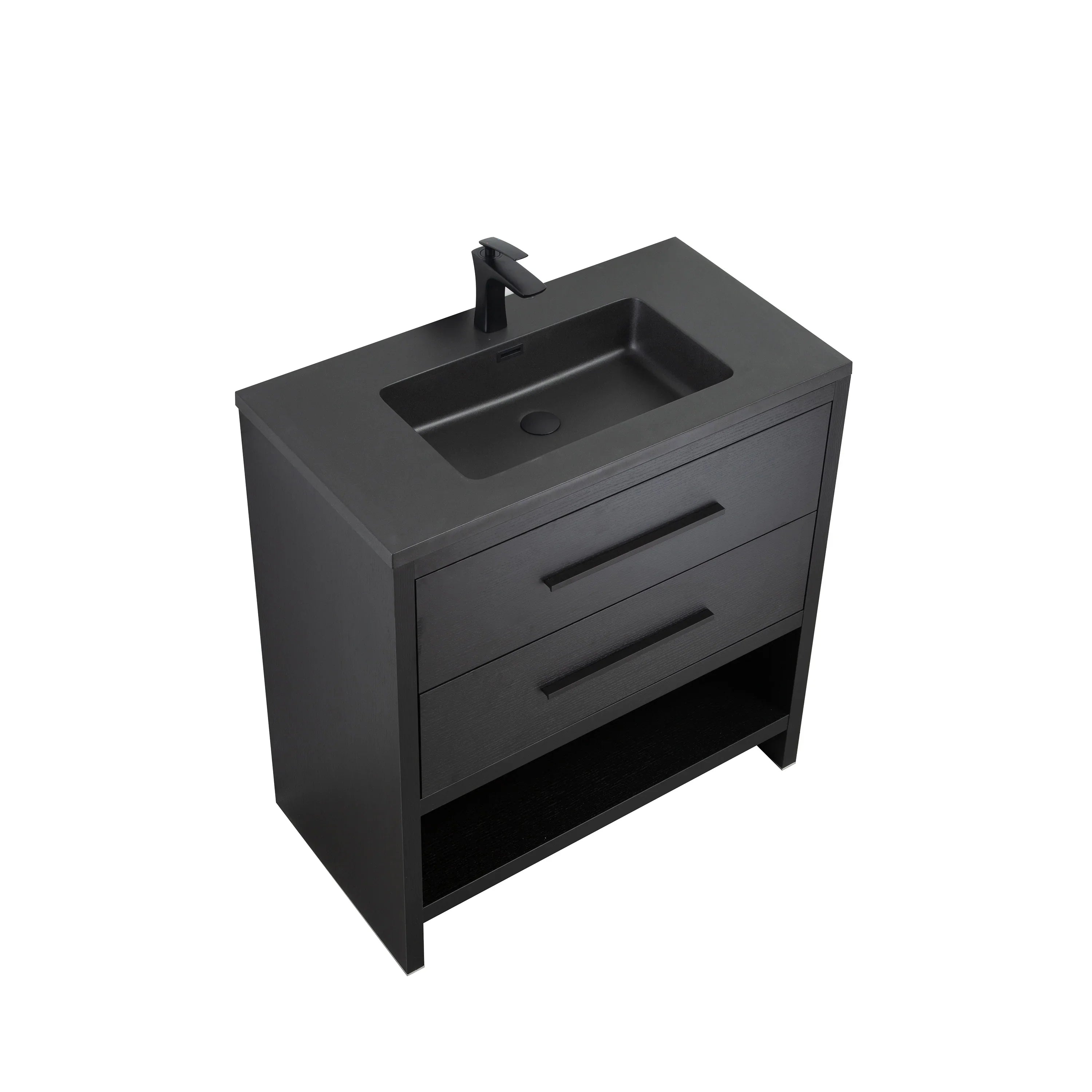 30" Black Oak Freestanding Single Sink Bathroom Vanity with Black Engineered Quartz Countertop