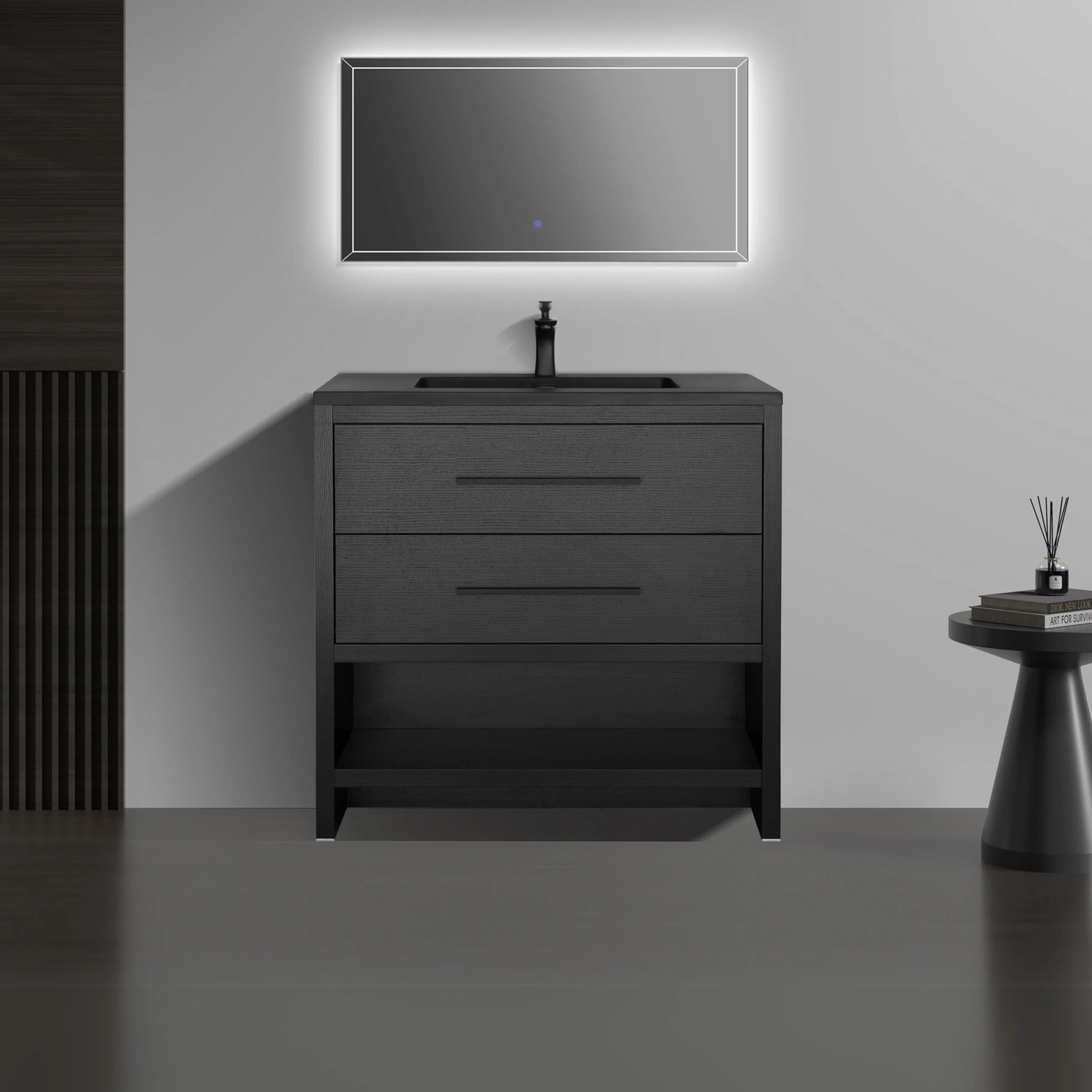 30" Black Oak Freestanding Single Sink Bathroom Vanity with Black Engineered Quartz Countertop