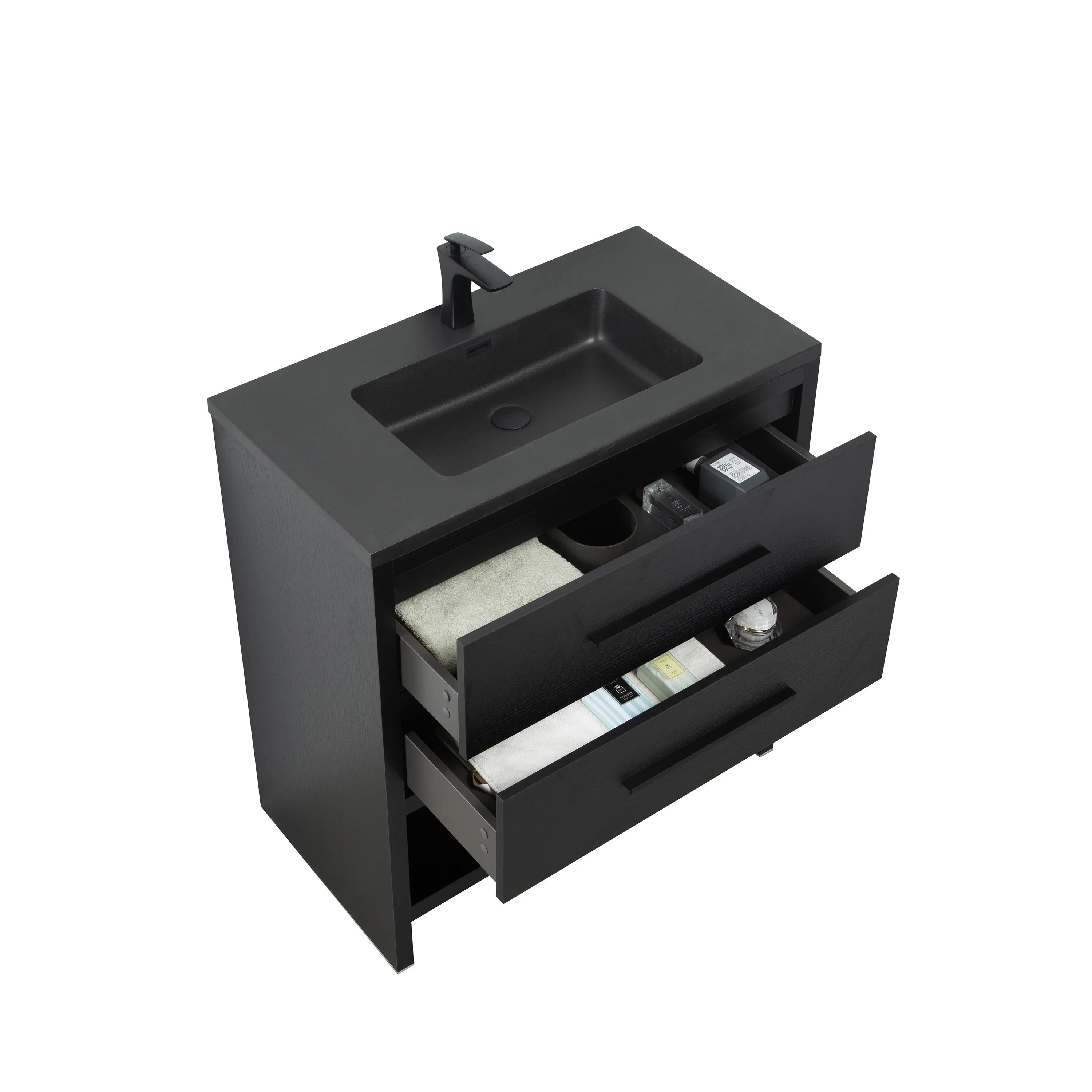 30" Black Oak Freestanding Single Sink Bathroom Vanity with Black Engineered Quartz Countertop