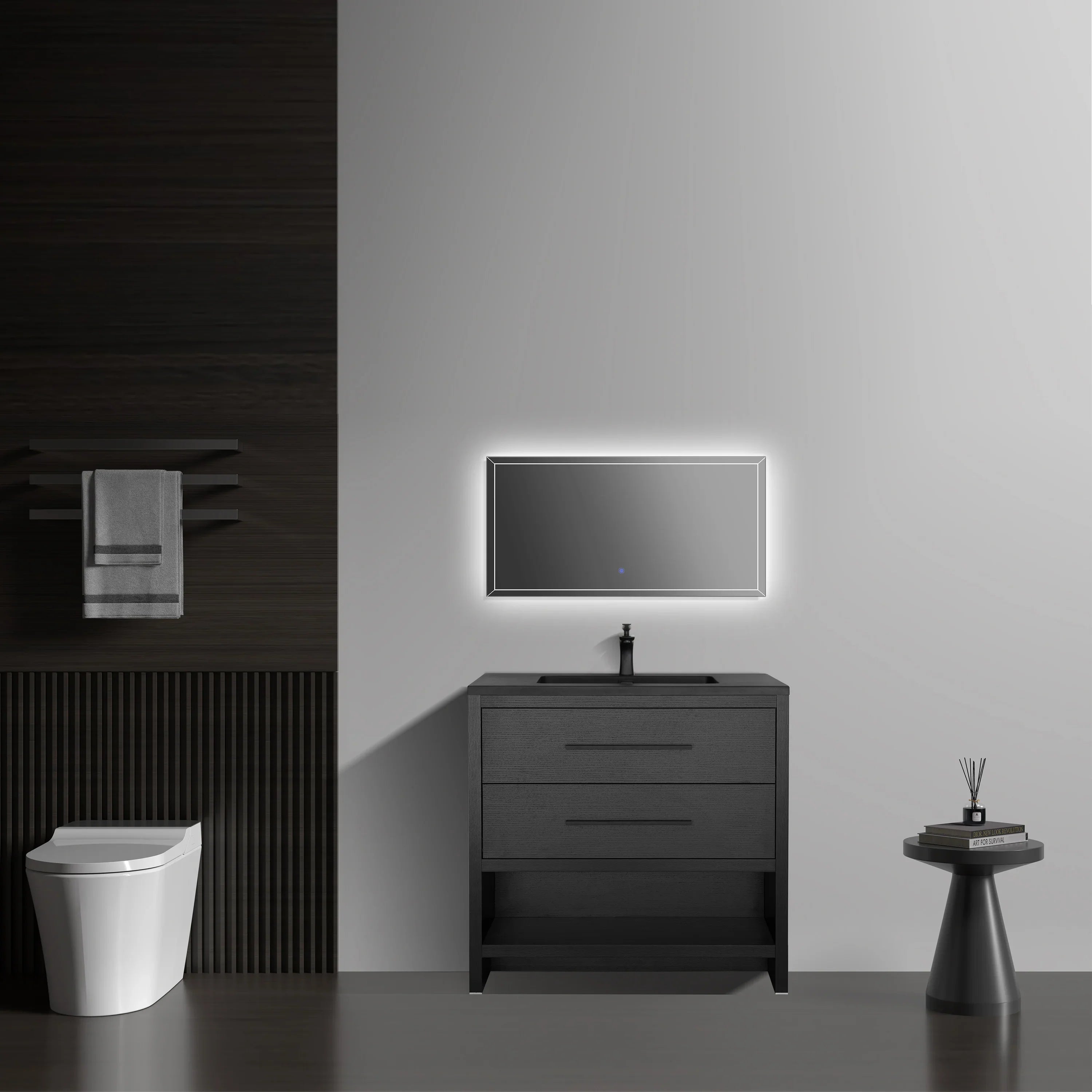 30" Black Oak Freestanding Single Sink Bathroom Vanity with Black Engineered Quartz Countertop