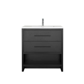 Meuble-Lavabo Autoportant 30po Chêne Noir avec Comptoir de Polymarbre Blanc