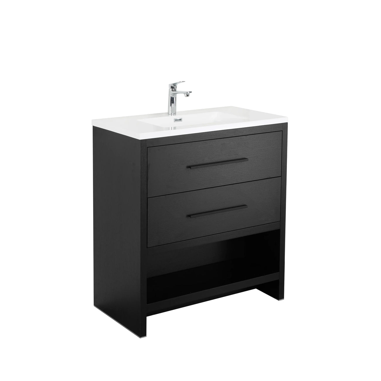30" Black Oak Vanity with White Polymarble Countertop Golden Elite Deco