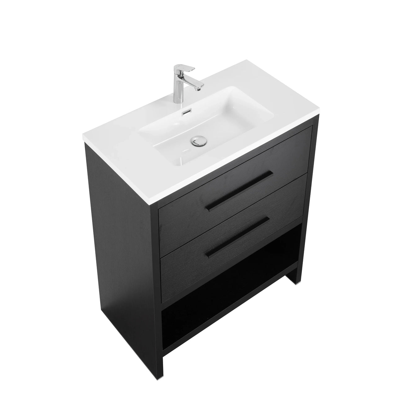 30" Black Oak Vanity with White Polymarble Countertop Golden Elite Deco