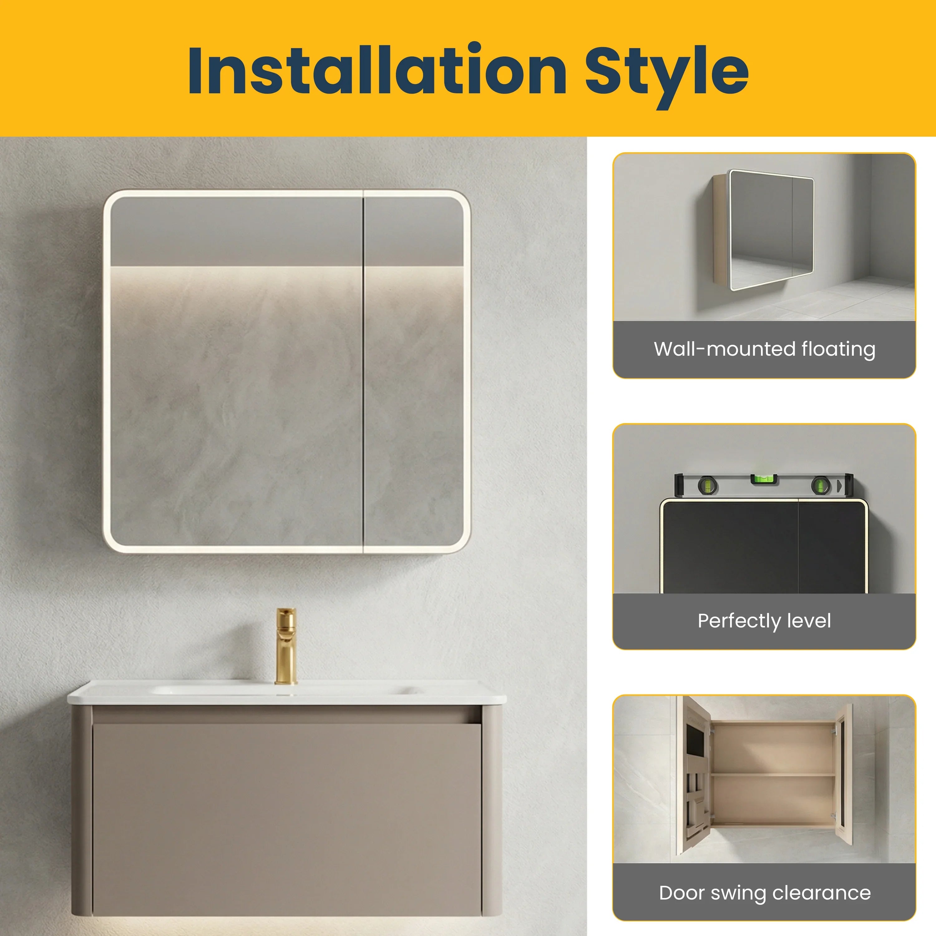 30" Brown Grey LED Medicine Cabinet with Soft-Close Doors