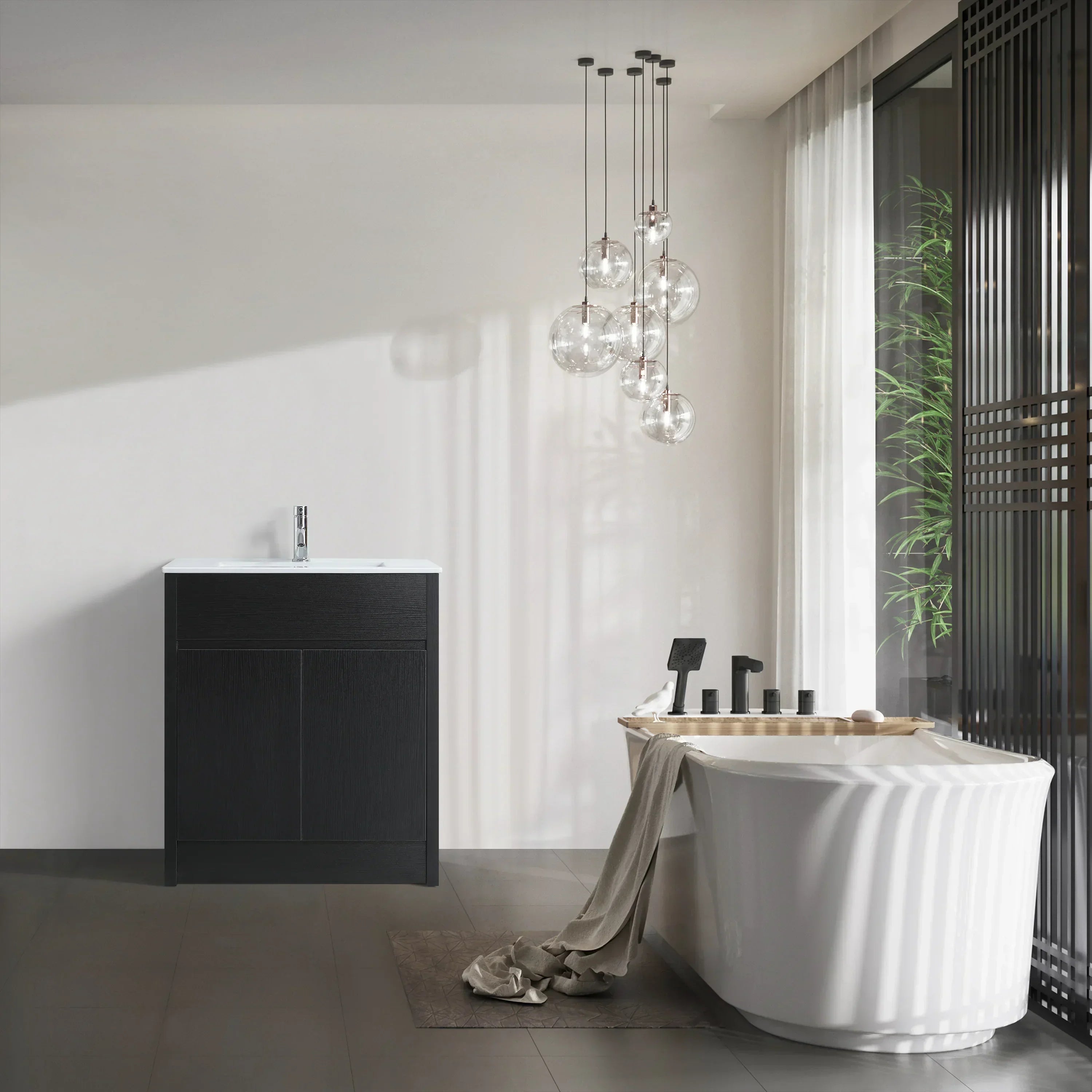 Bundle and Save: 30" Dark Brown Oak Freestanding Bathroom Vanity with Mirror and Faucet