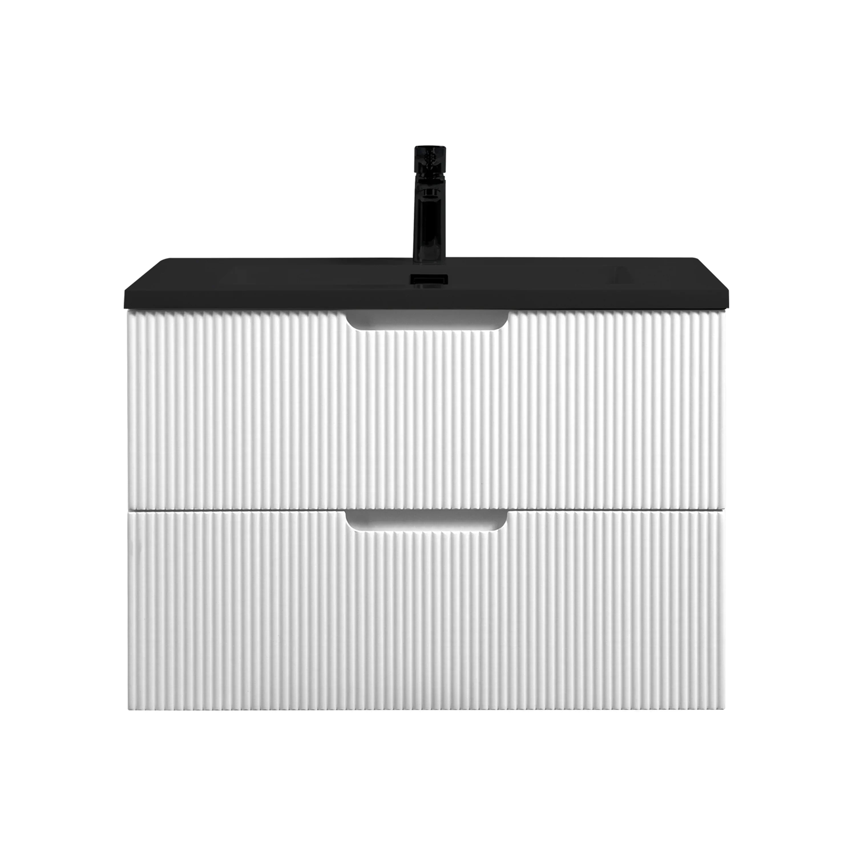 30" Matte White Wall Mount Bathroom Vanity with Black Engineered Quartz Countertop