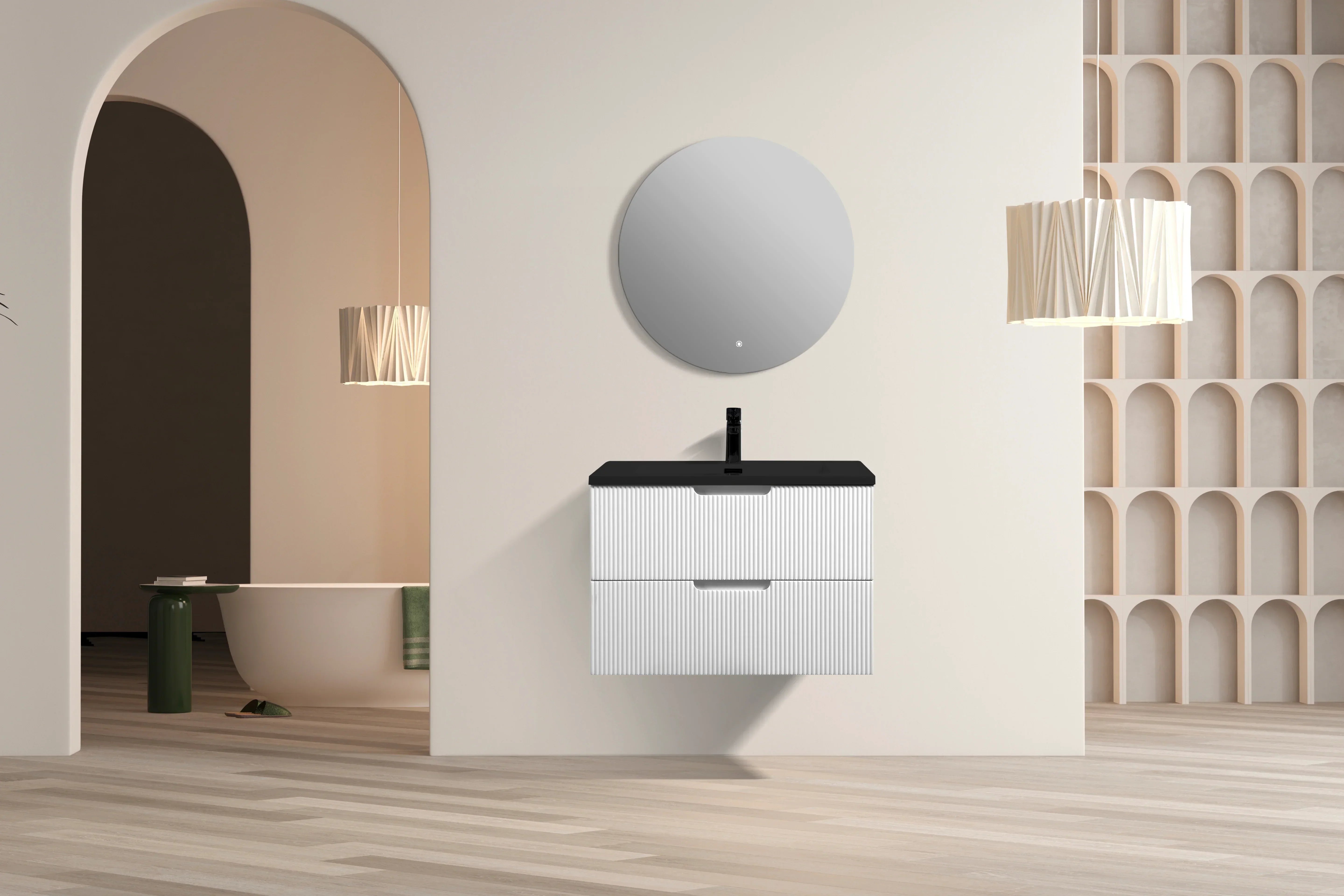 Meuble-Lavabo Mural 30po Blanc Mat avec Comptoir de Quartz d'ingénierie Noir
