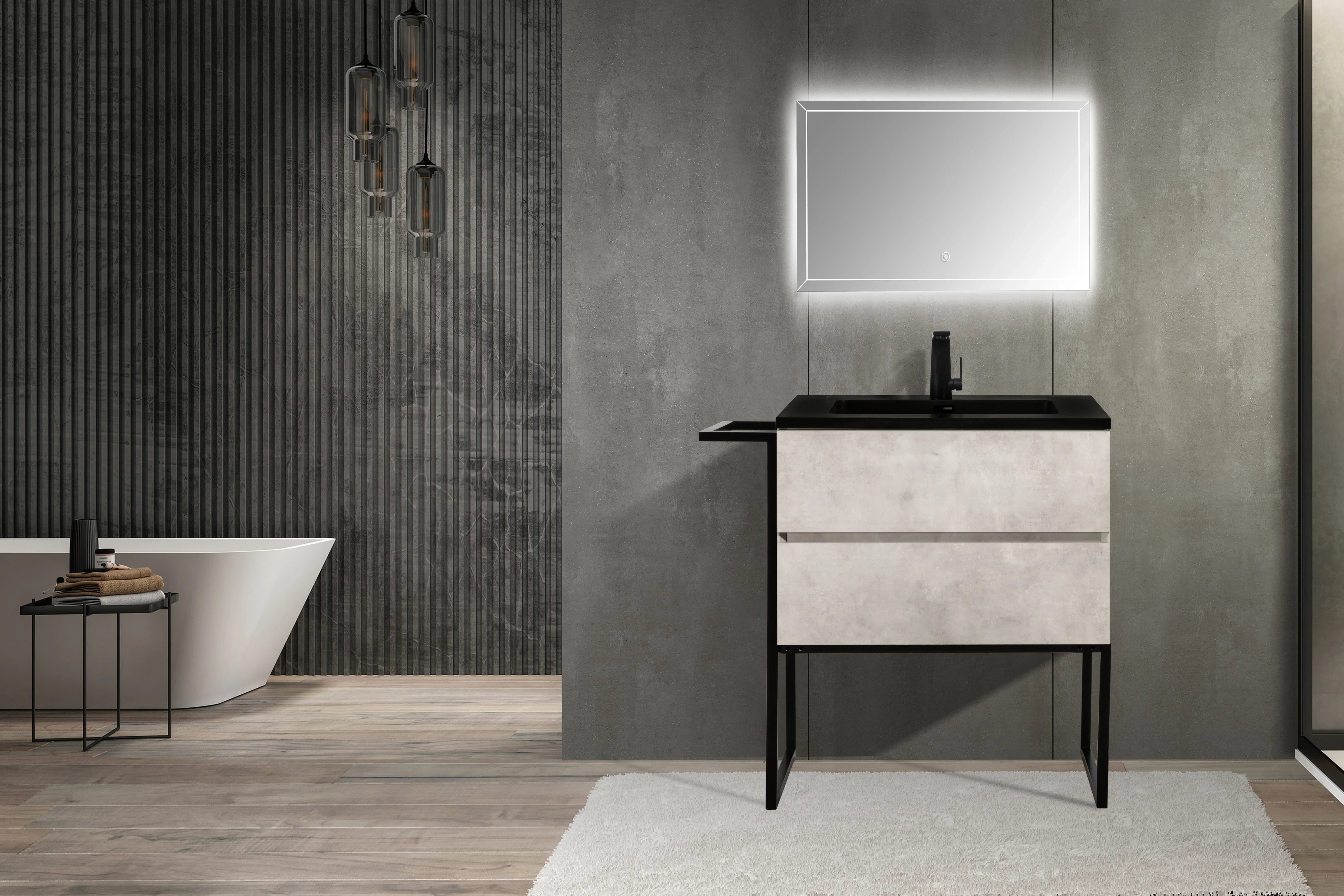 30" Grey Wall Mount Bathroom Vanity with Black Engineered Quartz Countertop