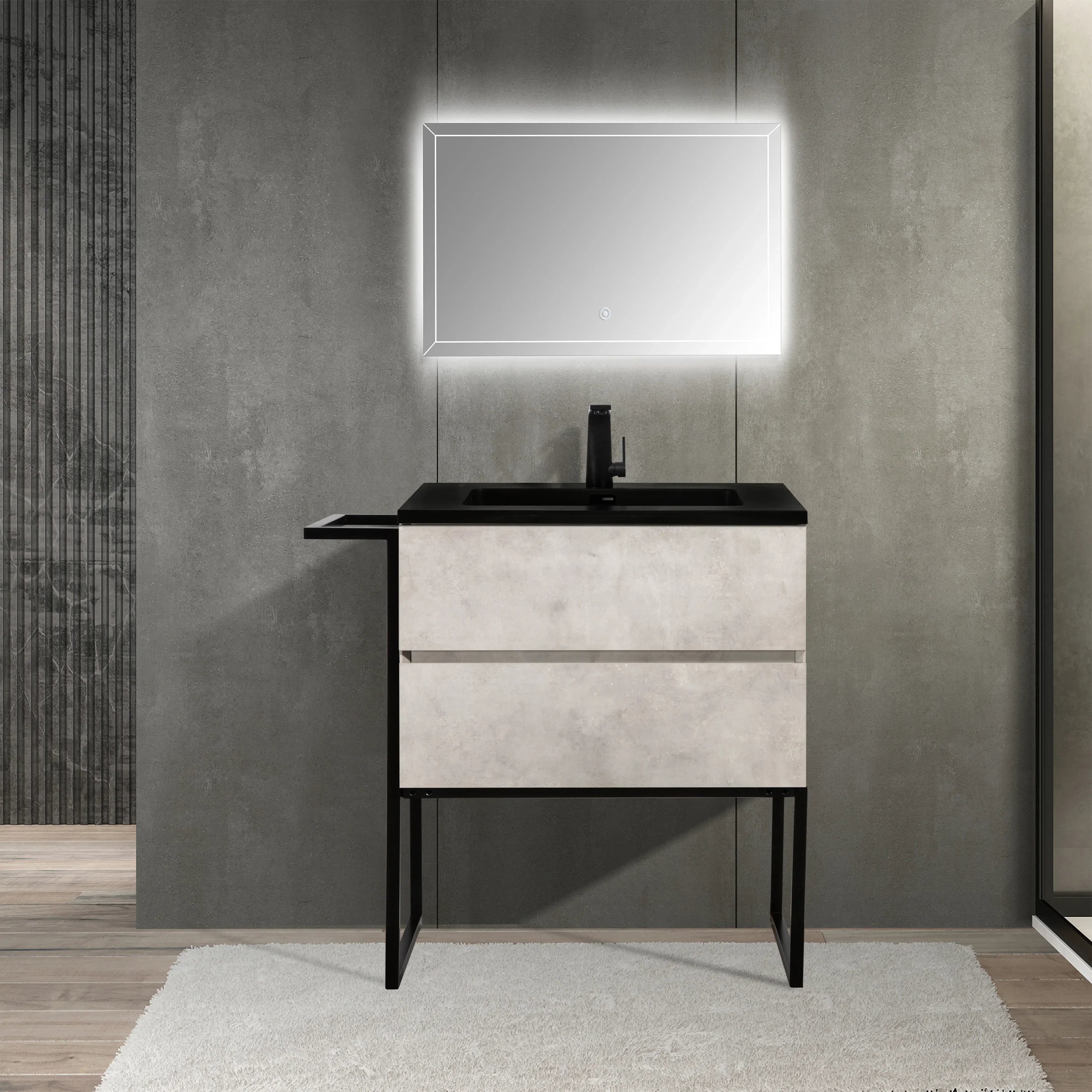 30" Grey Wall Mount Bathroom Vanity with Black Engineered Quartz Countertop