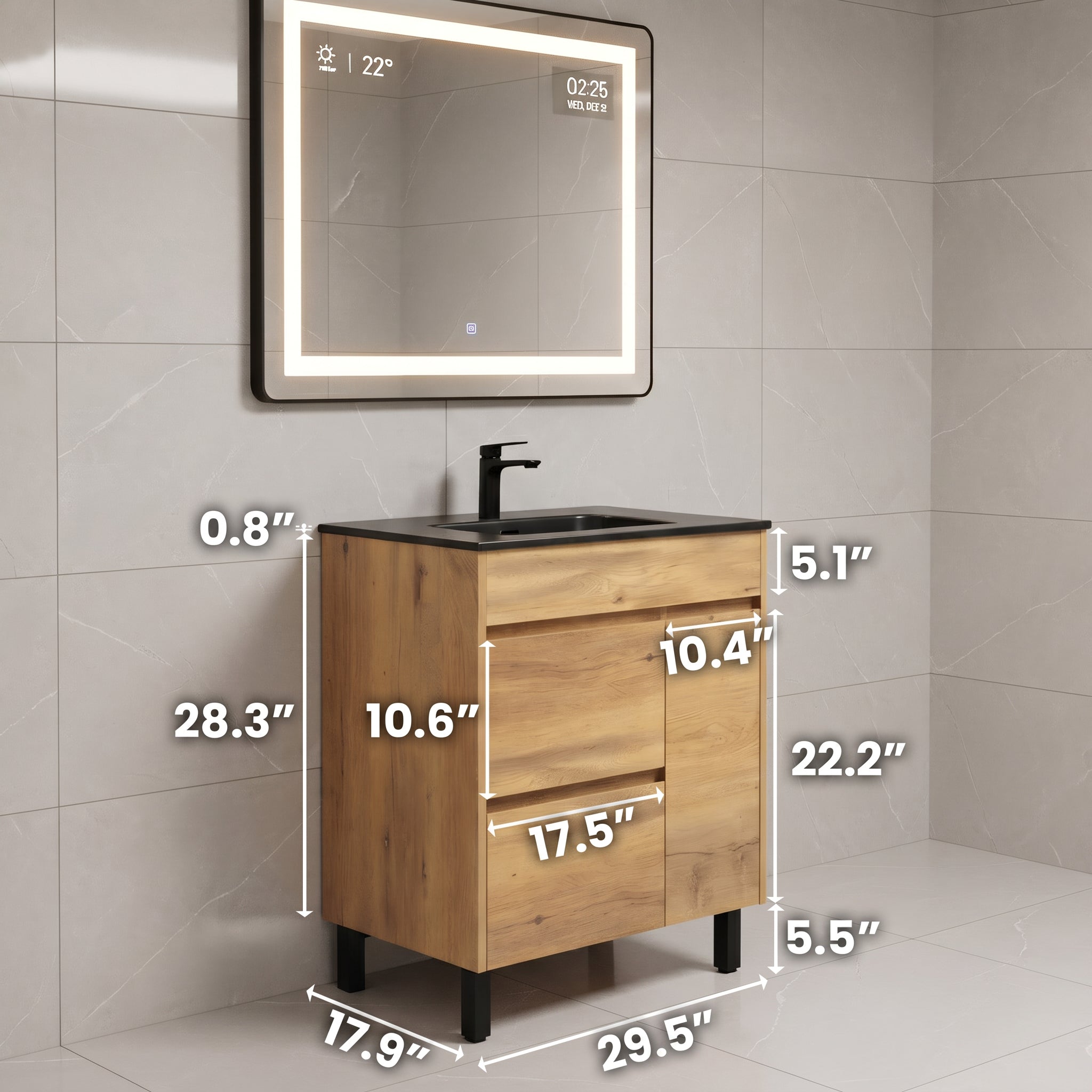 30" Frosted Oak Freestanding Single Sink Bathroom Vanity with Black Ceramic Countertop