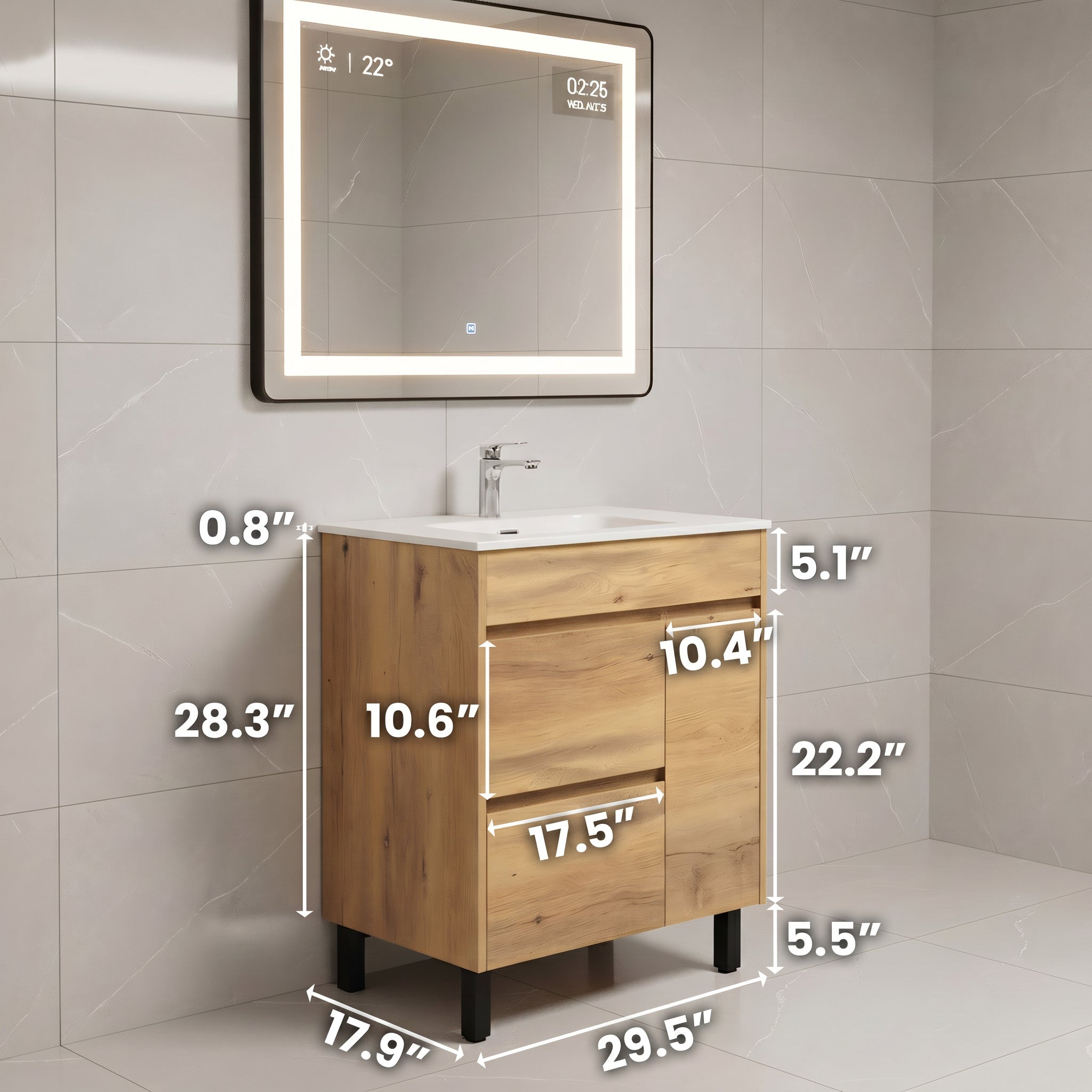 Meuble-lavabo autoportant 30" en chêne givré avec Comptoir en céramique blanche