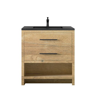 30" Rough Oak Freestanding Bathroom Vanity with Black Engineered Quartz Countertop