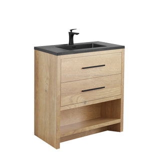 30" Rough Oak Freestanding Bathroom Vanity with Black Engineered Quartz Countertop