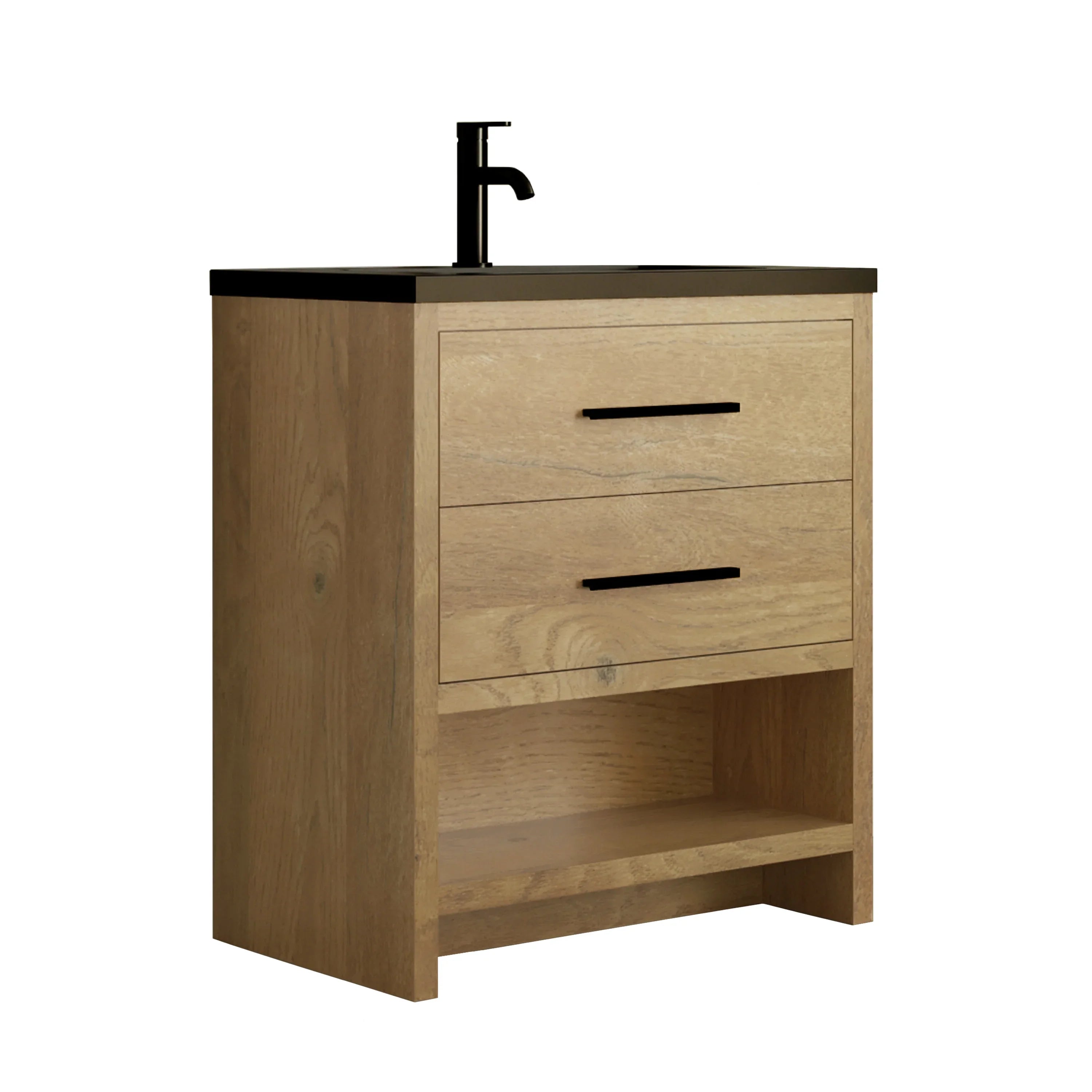 30" Rough Oak Freestanding Bathroom Vanity with Black Engineered Quartz Countertop