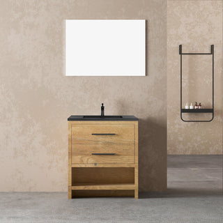 30" Rough Oak Freestanding Bathroom Vanity with Black Engineered Quartz Countertop