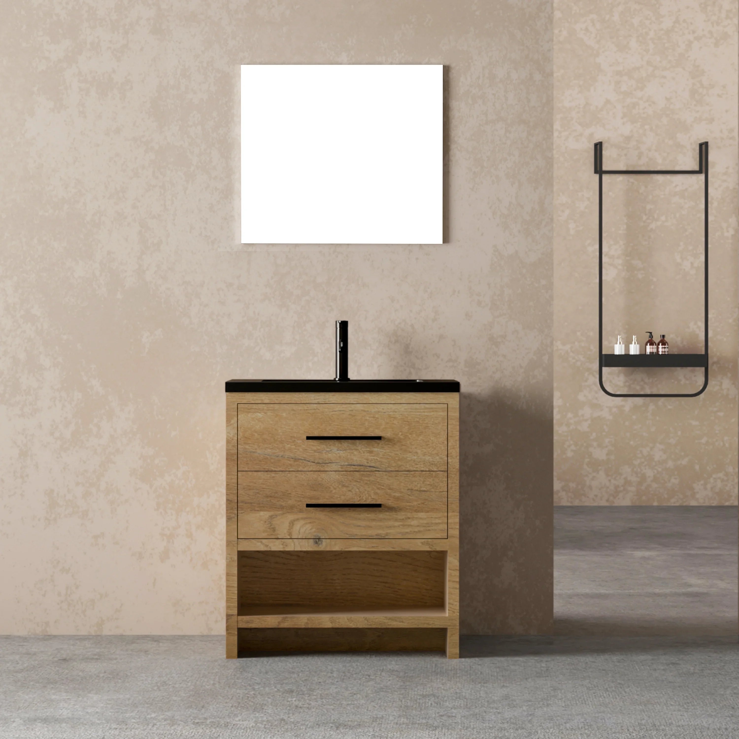 30" Rough Oak Freestanding Bathroom Vanity with Black Engineered Quartz Countertop